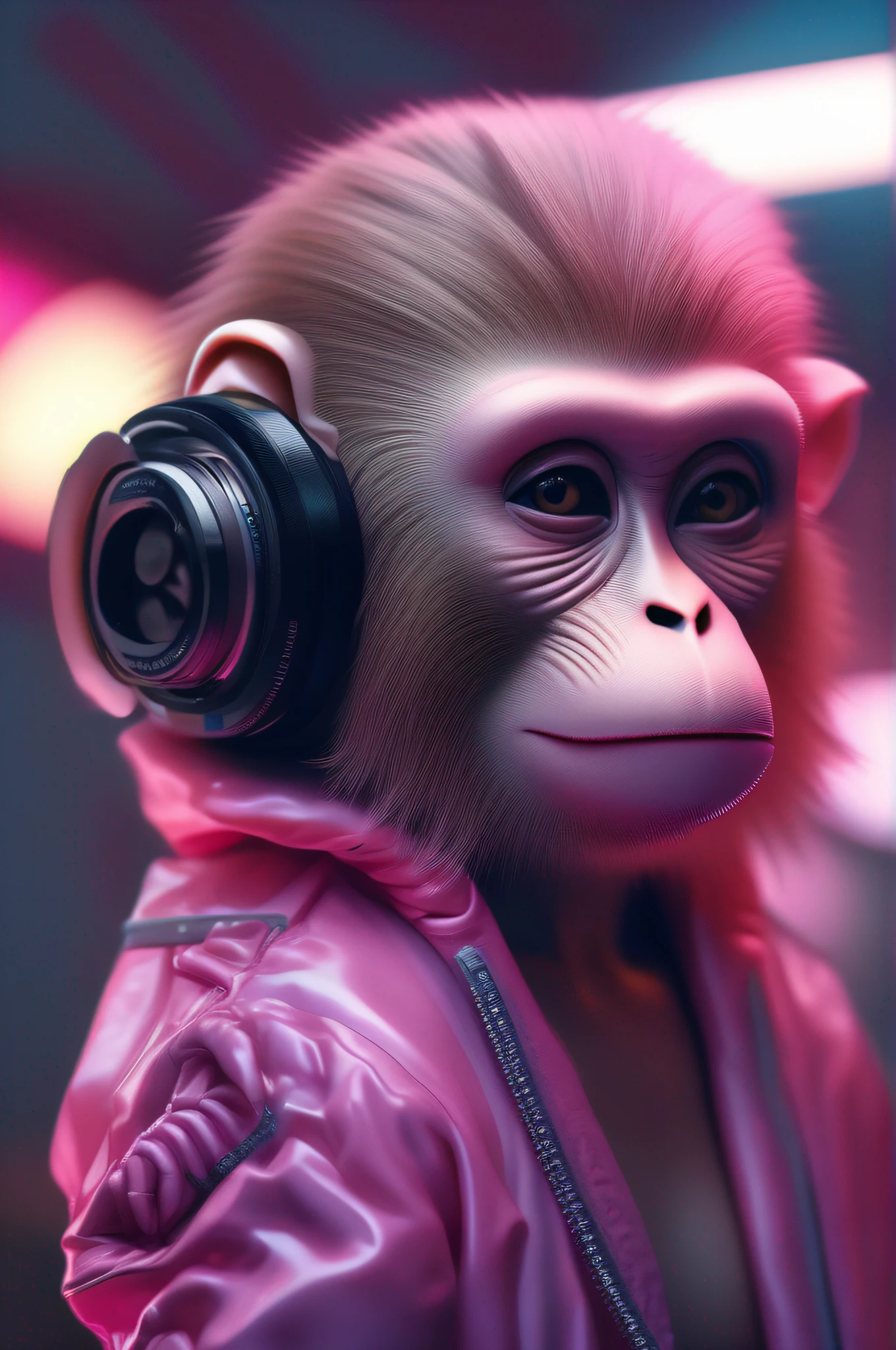 Realistic portrait photography + dynamic composition for anthropomorphic chibi vaporwave monkey movie shooting, incredible detail, sharpening, detail + intricate detail + professional lighting, film lighting + 35mm + anamorphic + light room + cinematography + bokeh + lens glare + film grain + HDR10 + 8K + Marcin Nagrappa + Rebecca Mirren