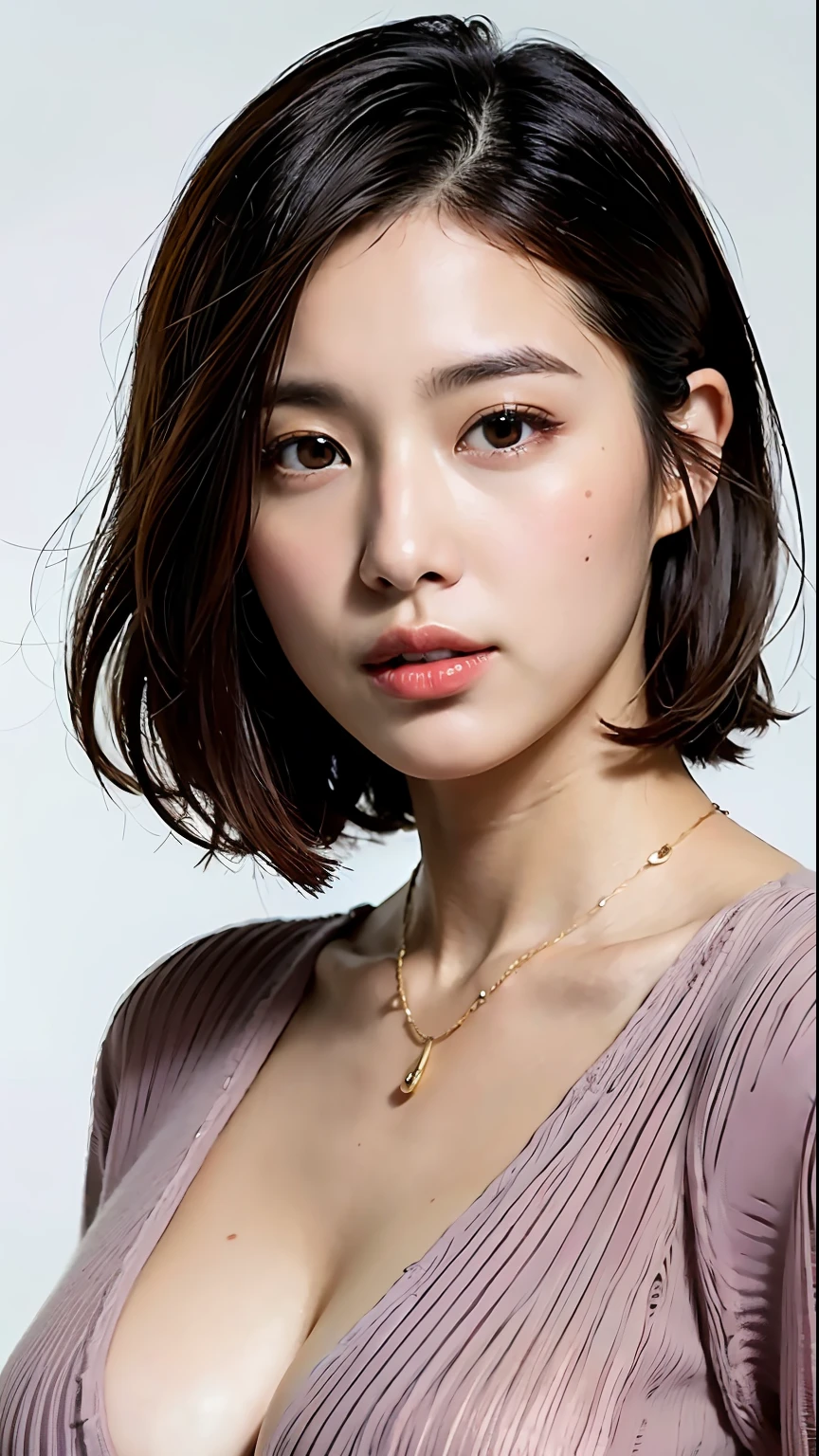 (Best quality, 8k, 32k, Masterpiece, UHD:1.2),Photo of Pretty Japanese woman, large breasts, very short bob hair,upper body,face focus,(oversized_sweater,:1.1) necklace, simple background, looking at viewer, leaning forward,