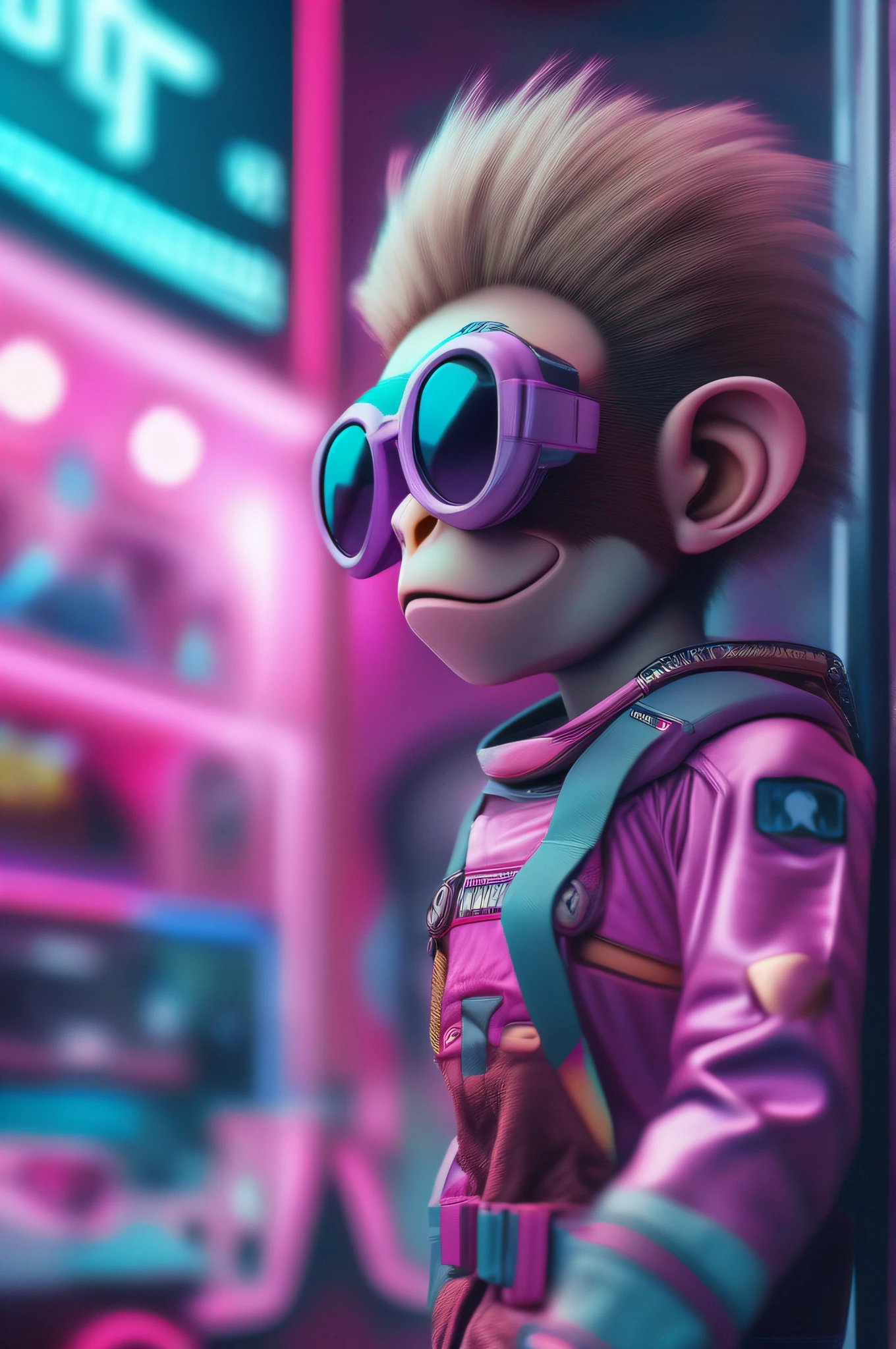 Realistic portrait photography + dynamic composition for anthropomorphic chibi vaporwave monkey movie shooting, incredible detail, sharpening, detail + intricate detail + professional lighting, film lighting + 35mm + anamorphic + light room + cinematography + bokeh + lens glare + film grain + HDR10 + 8K + Marcin Nagrappa + Rebecca Mirren
