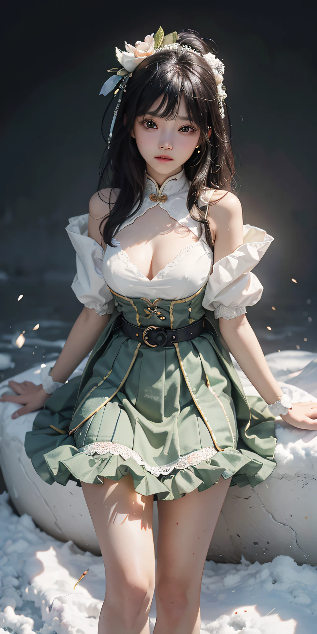 This girl is eighteen or nine , a round oval face, black eyes, flushed cheeks, the aura of the whole body is young and lively, crystalline, skin color like snow, a small dimple, goose egg face son is a little shy, what is handsome now, tall, wearing a green connecting dress skirt, toned and tall, wearing a white bottom strawberry flower strap skirt, little Luxue like a breast, only covering the knee skirt, belt to bind the waist to control his son Xi'an, Feng Ting more and more breasts.