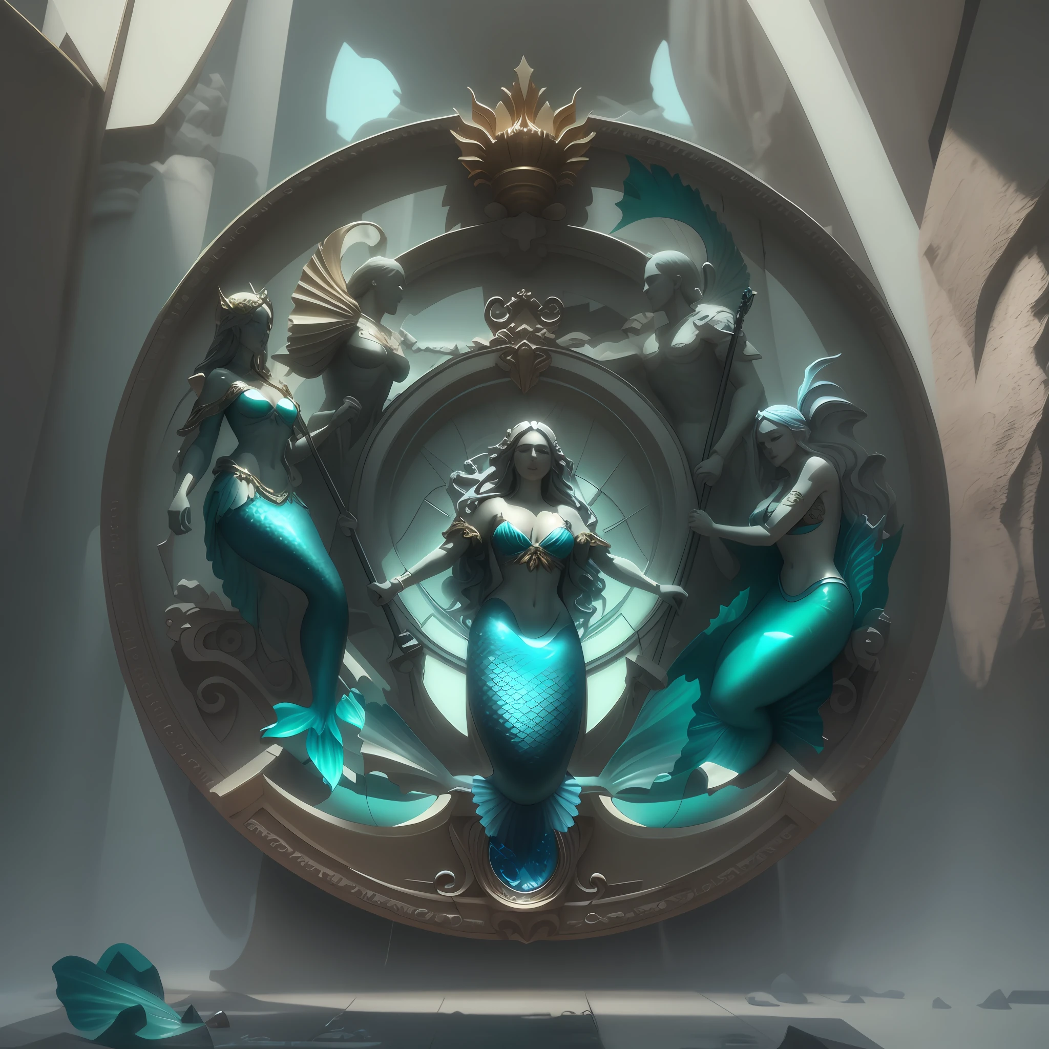 Metal badge texture, mermaid statue, Art Nouveau octane rendering, Unreal Engine render + goddess, 3D sculpture octane rendering 8 K, 3D sculpture 8 K octane rendering, shocking fantasy 3D rendering, abstract mysterious epic composition, intricate artwork. Octane rendering, octane rendering Estik, goddess. Extremely high level of detail