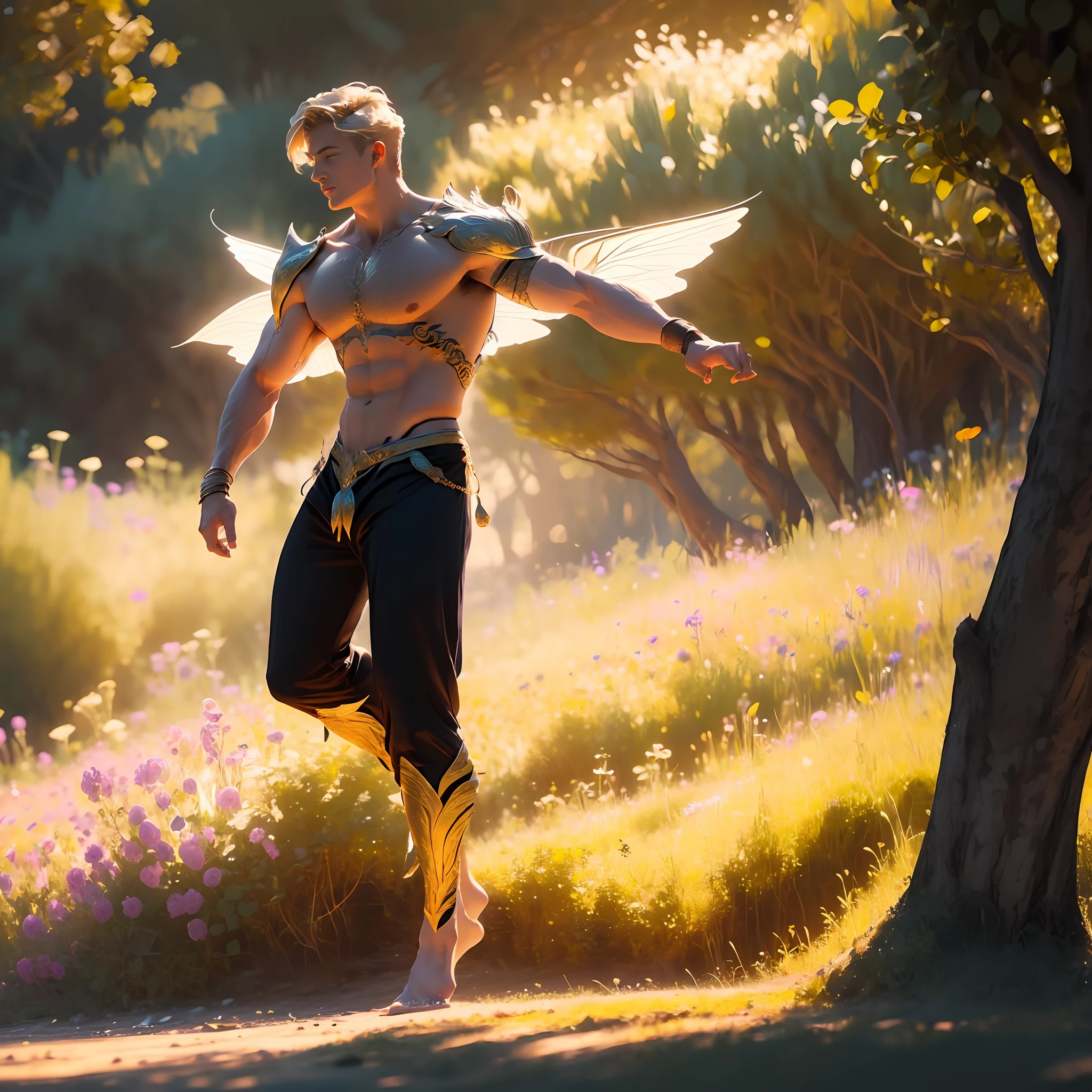 Fairy male blonde man with gold and purple details, large wings, flying in the air, vegetation blurred background, soft colors, soft light, sunset light, smooth light, symmetrical, full body, cinematic movie --auto