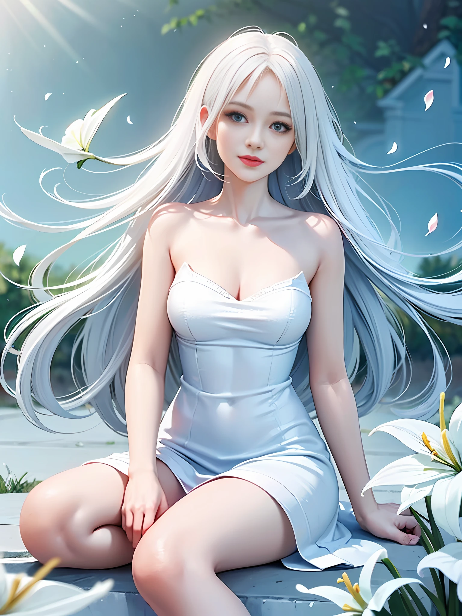 masterpiece,best quality,extremely detailed CG unity 8k wallpaper,(pure:1.3), (serene:1.1), (ethereal:1.1), 1girl, (white attire:1.3), (long flowing hair:1.2), (pale skin), (blue eyes:1.1), (gentle smile), (graceful), (sitting pose:1.2), (delicate hands), (gossamer dress:1.1), (luminous), (soft lighting:1.3), (tranquil setting), (garden background:1.2), (flower petals), (white lilies:1.2), (peaceful), (subtle glow), (radiant beauty), (youthful), (enchanting:1.3), (dreamlike), (whimsical), (calm), (harmony), (gentle breeze:1.1), (soft shadows), (sunlight streaming:1.2), (glistening), (timeless elegance), (heavenly), (floating hair), (effortless grace), (spiritual), (otherworldly:1.2), (celestial), (divine), (captivating), (alluring), (reverent), (humble), (compassionate), (painterly), (mesmerizing), (inspiring),cowboy shot,
