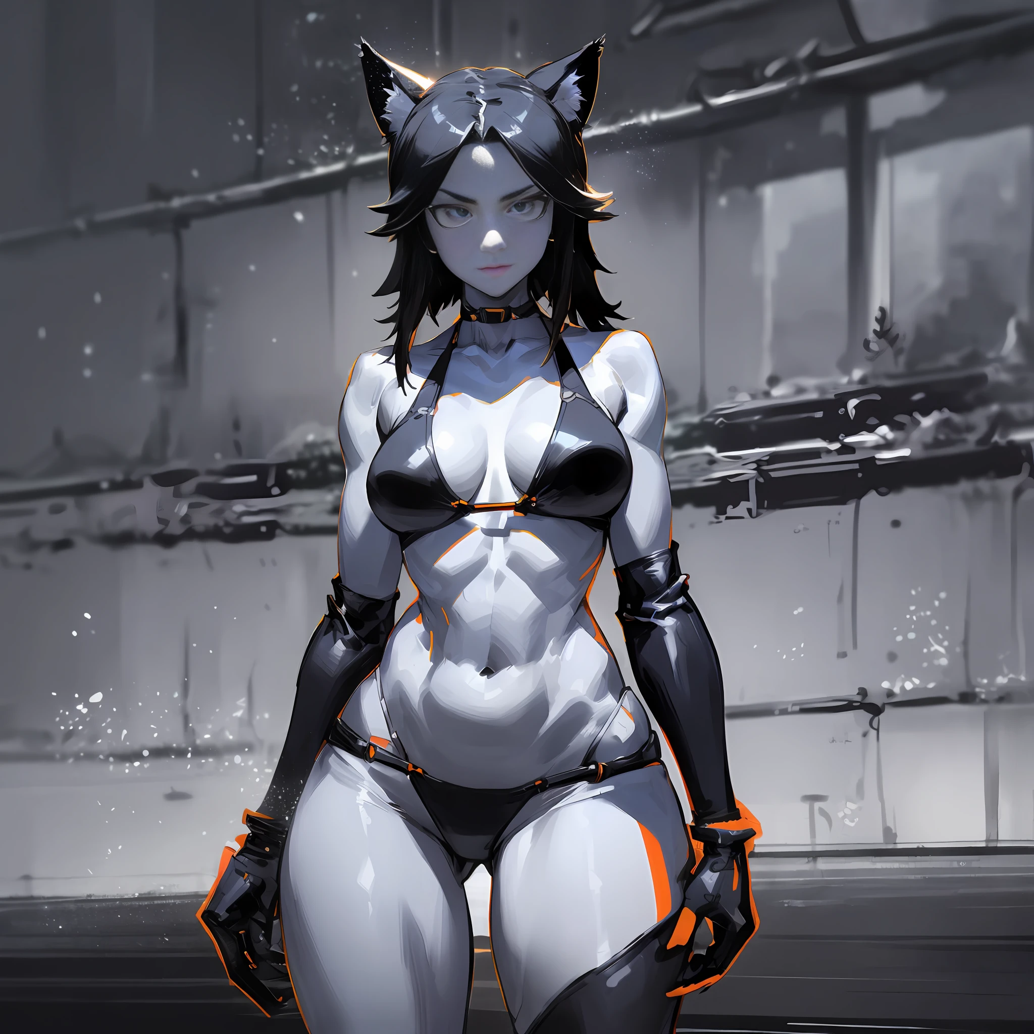 Masterpiece, Yuji Shinkawa, great Japanese master anime works, Japanese manga master works, black and white manga, grayscale, realistic night scene, a girl in leather tight bikini standing in the night, sexy cat girl, slim figure, big, long legs, sexy slender legs, movie lighting, light and shadow tracking, movie composition, full body standing