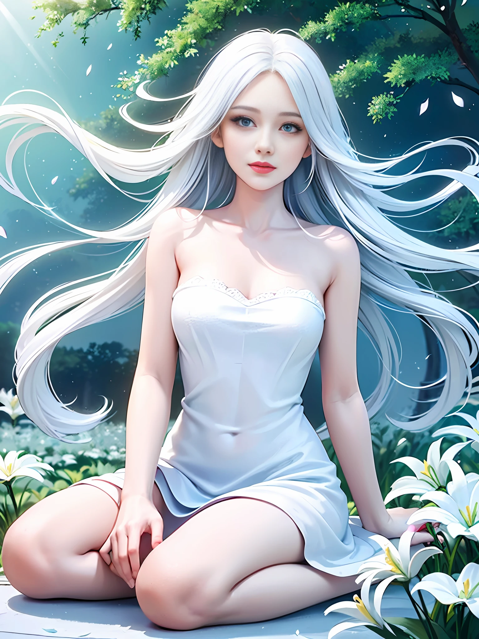 masterpiece,best quality,extremely detailed CG unity 8k wallpaper,(pure:1.3), (serene:1.1), (ethereal:1.1), 1girl, (white attire:1.3), (long flowing hair:1.2), (pale skin), (blue eyes:1.1), (gentle smile), (graceful), (sitting pose:1.2), (delicate hands), (gossamer dress:1.1), (luminous), (soft lighting:1.3), (tranquil setting), (garden background:1.2), (flower petals), (white lilies:1.2), (peaceful), (subtle glow), (radiant beauty), (youthful), (enchanting:1.3), (dreamlike), (whimsical), (calm), (harmony), (gentle breeze:1.1), (soft shadows), (sunlight streaming:1.2), (glistening), (timeless elegance), (heavenly), (floating hair), (effortless grace), (spiritual), (otherworldly:1.2), (celestial), (divine), (captivating), (alluring), (reverent), (humble), (compassionate), (painterly), (mesmerizing), (inspiring),cowboy shot,