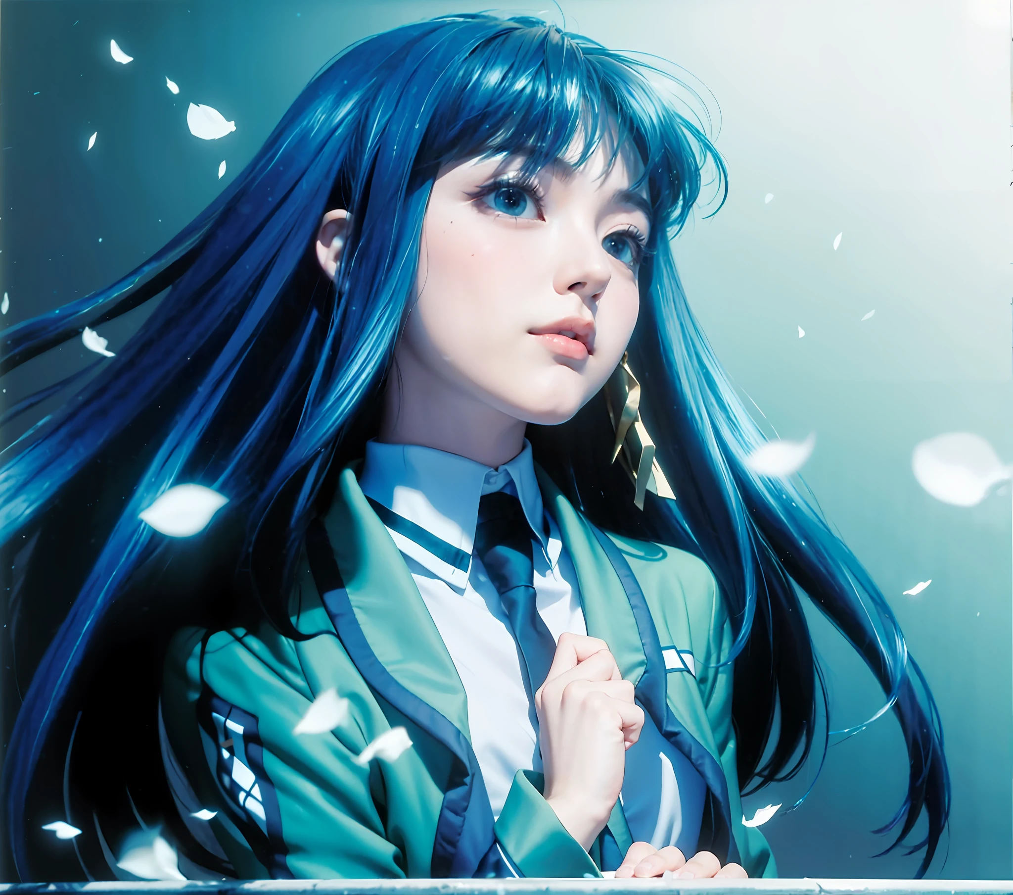 Girl with blue hair and blue eyes in green dress, Rain Iwakura, close-up of Rain Iwakura, portrait of Ringo Shiina, portrait of Rain Iwakura, still view Shikishi, beautiful schoolgirl, close-up of Rain Iwakura, style like fate/stay night, best girl