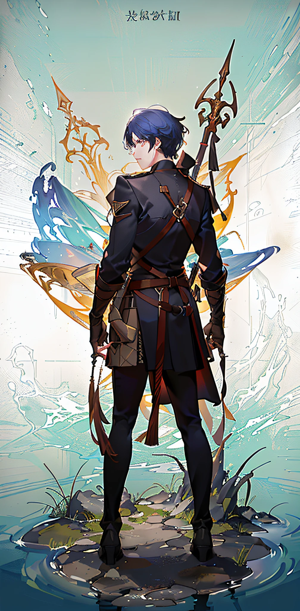 Female general, frontal, tall, lean, long-handled weapon or back bow, straightforward and bold, likes to act chivalrously, short hair with equal ears, men's clothing, heroic and powerful, leader on the battlefield.