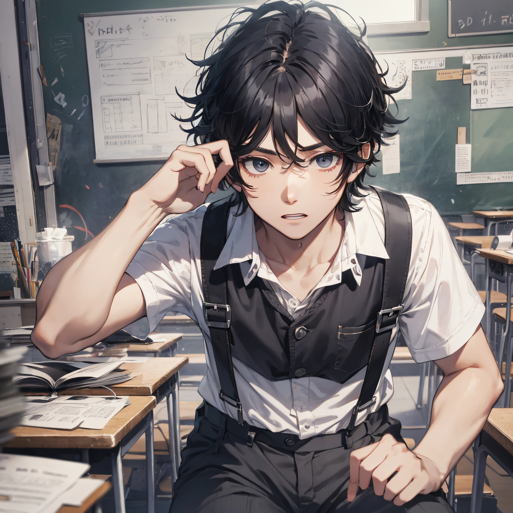 Ridiculous resolution, high resolution, (masterpiece: 1.4), hyper-detail, classroom, young man messy black hair, white suspenders, looking at small mirror, surprised expression