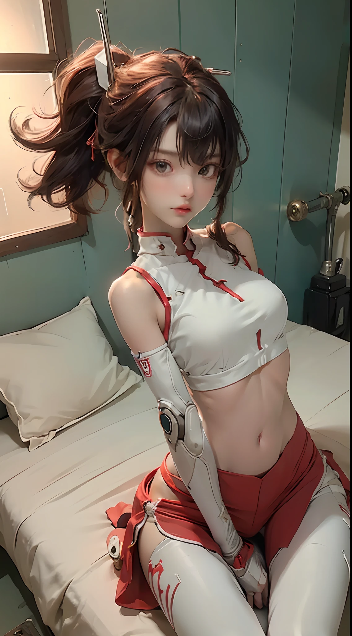 sitting on bed, red color, head and full body and full legs, Extremely cute human eighteen year old girl face, human torso, human huge boobs, human abdomen, human hips, human arms, mechanical legs, arms and legs with hard white shiny shell and black joints, very beautiful and feminine, short, petite, small, small, busty buttocks, medium bust, cleavage display, flat belly display, partial helmet with antenna on the ear, black robot joints, very stylish, award-winning product design, black rubber tights, The shiny white metal breastplate opens at the cleavage and abdomen, the white metal buttocks are wrinkled, and the armor has stylish, glowing trims