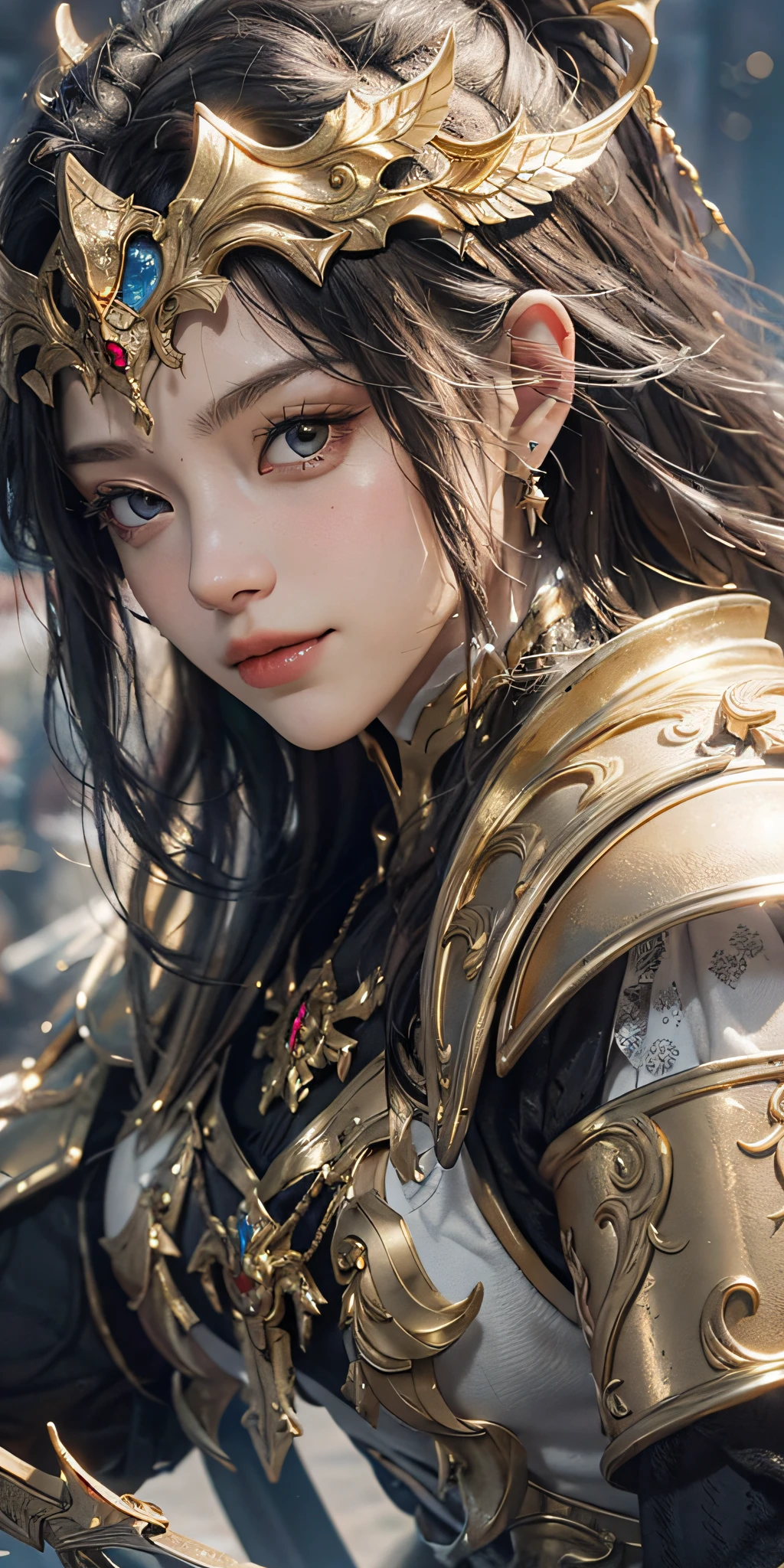 A girl in armor holds a golden sword, a close-up of golden heavy armor. Dramatic, stunning armor, face close-up, golden armor, detailed fantasy armor, black and gold armor, long white hair, delicate face, gorgeous jewelry, slender legs, smile, beautiful armor, golden armor, fantasy armor, intricate golden armor, golden armor, fantasy warrior in full armor, smooth golden armor, very stylish fantasy armor, black gold armor, light gold armor