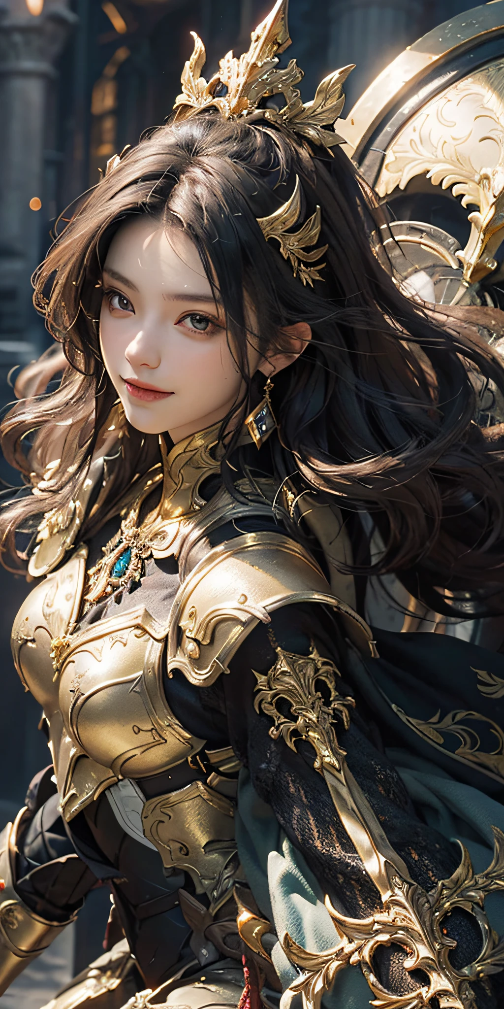 A girl in armor holds a golden sword, a close-up of golden heavy armor. Dramatic, stunning armor, face close-up, golden armor, detailed fantasy armor, black and gold armor, long white hair, delicate face, gorgeous jewelry, slender legs, smile, beautiful armor, golden armor, fantasy armor, intricate golden armor, golden armor, fantasy warrior in full armor, smooth golden armor, very stylish fantasy armor, black gold armor, light gold armor