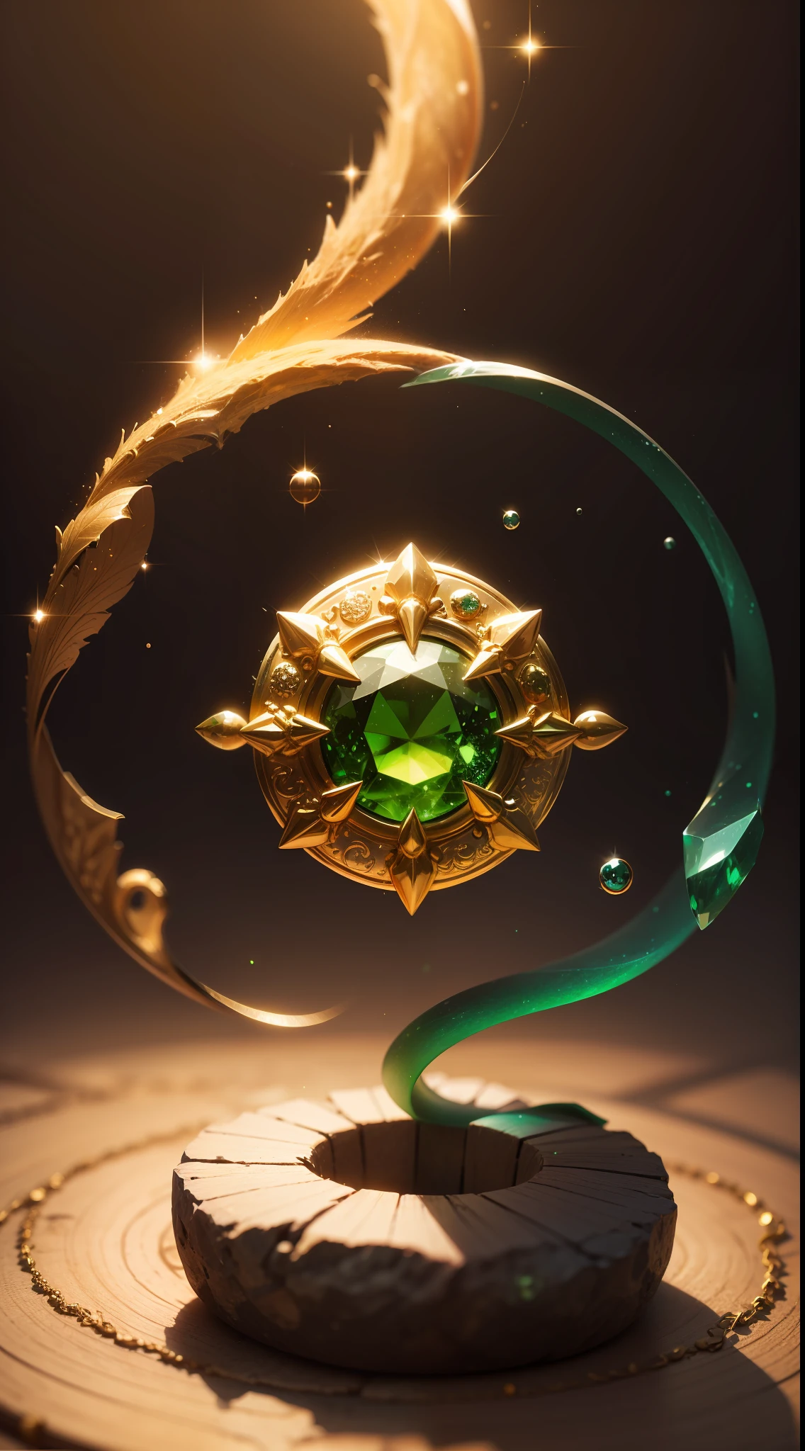 Golden ring with green stone, magic particles, abstract background