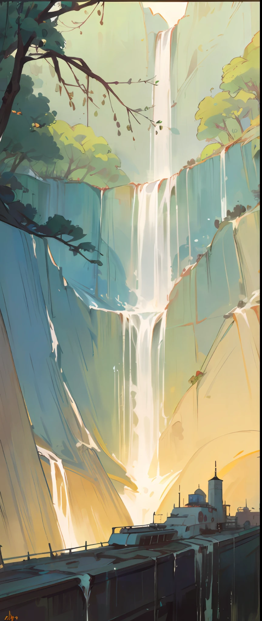 ((4k, masterpiece, best quality), high resolution, a waterfall, tree on water, a cyberpunk ship floating nearby.