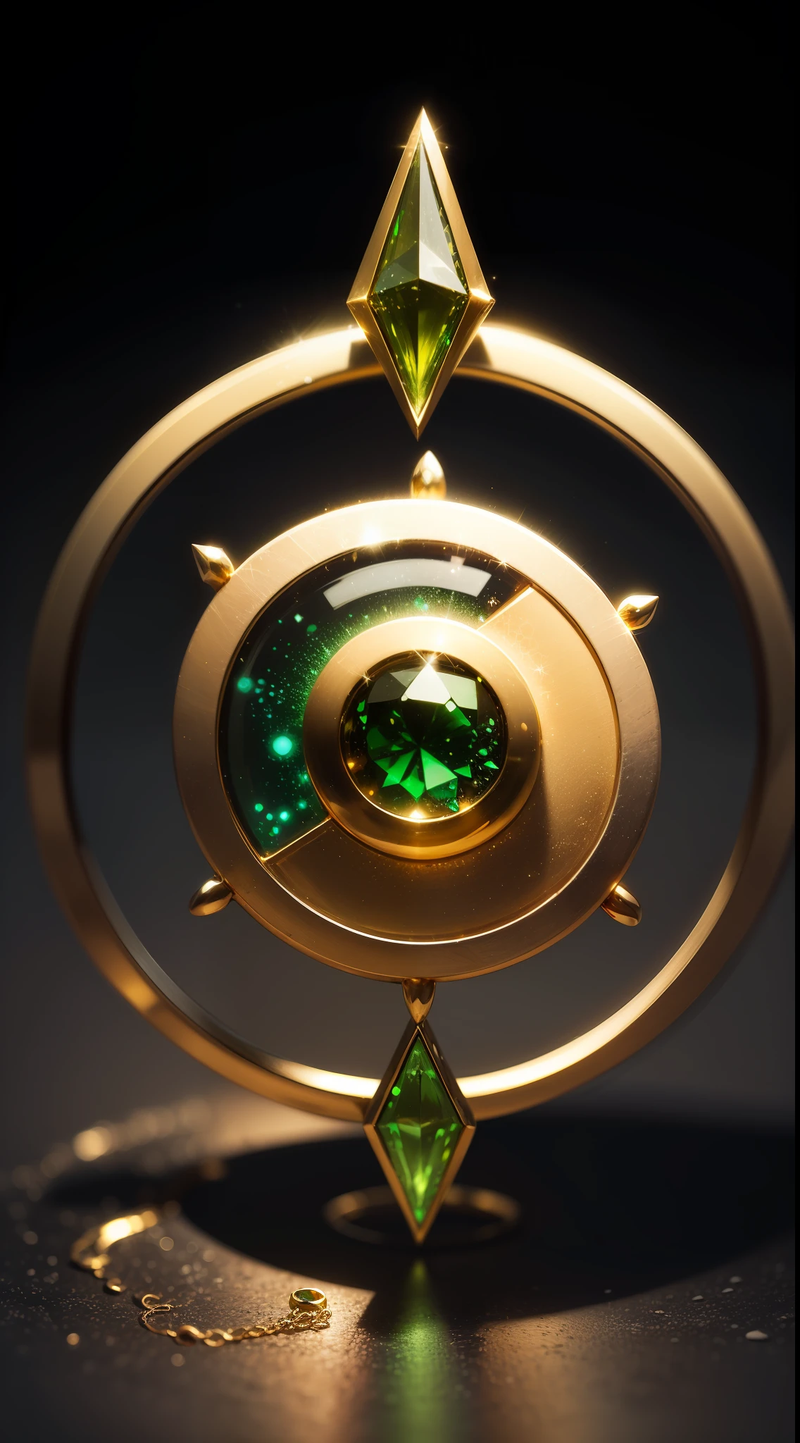 Golden ring with green stone, magic particles, abstract background