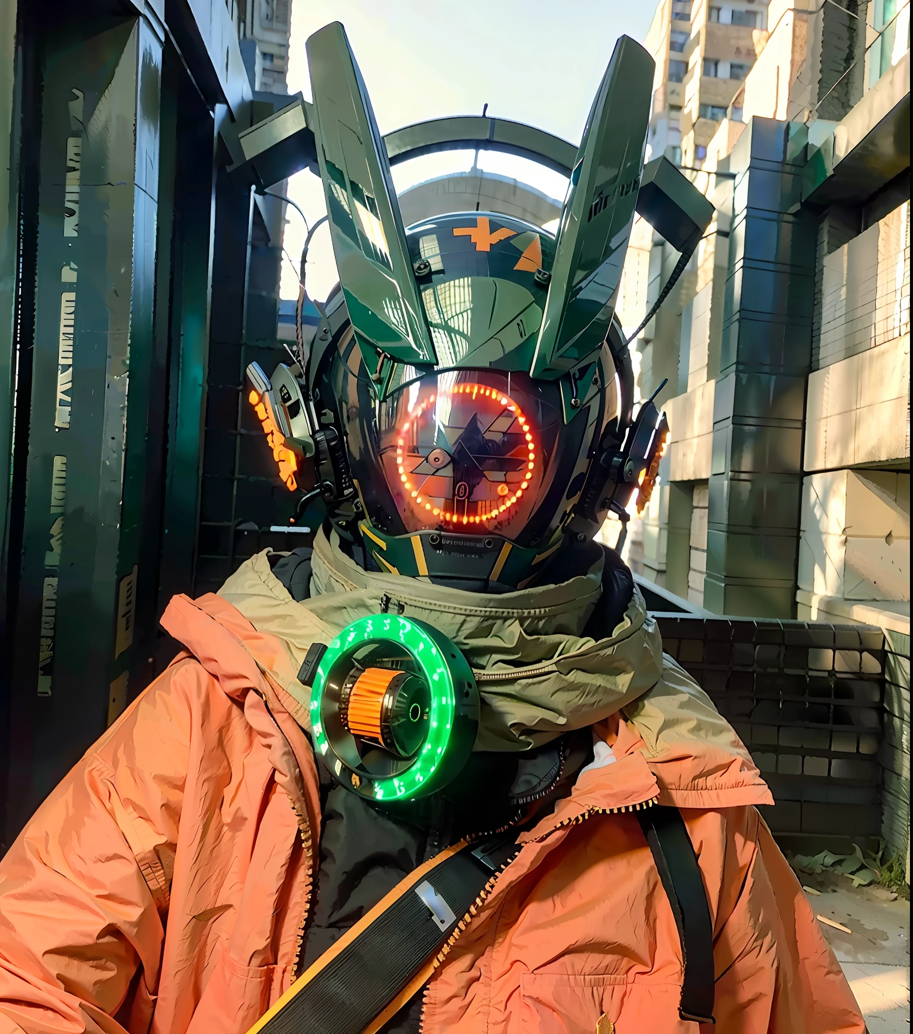 original, masterpiece, best quality, a cyborg woman in a green circle light up cyberhelmet with orange ears, wearing orange jacket, sunny day, on the street