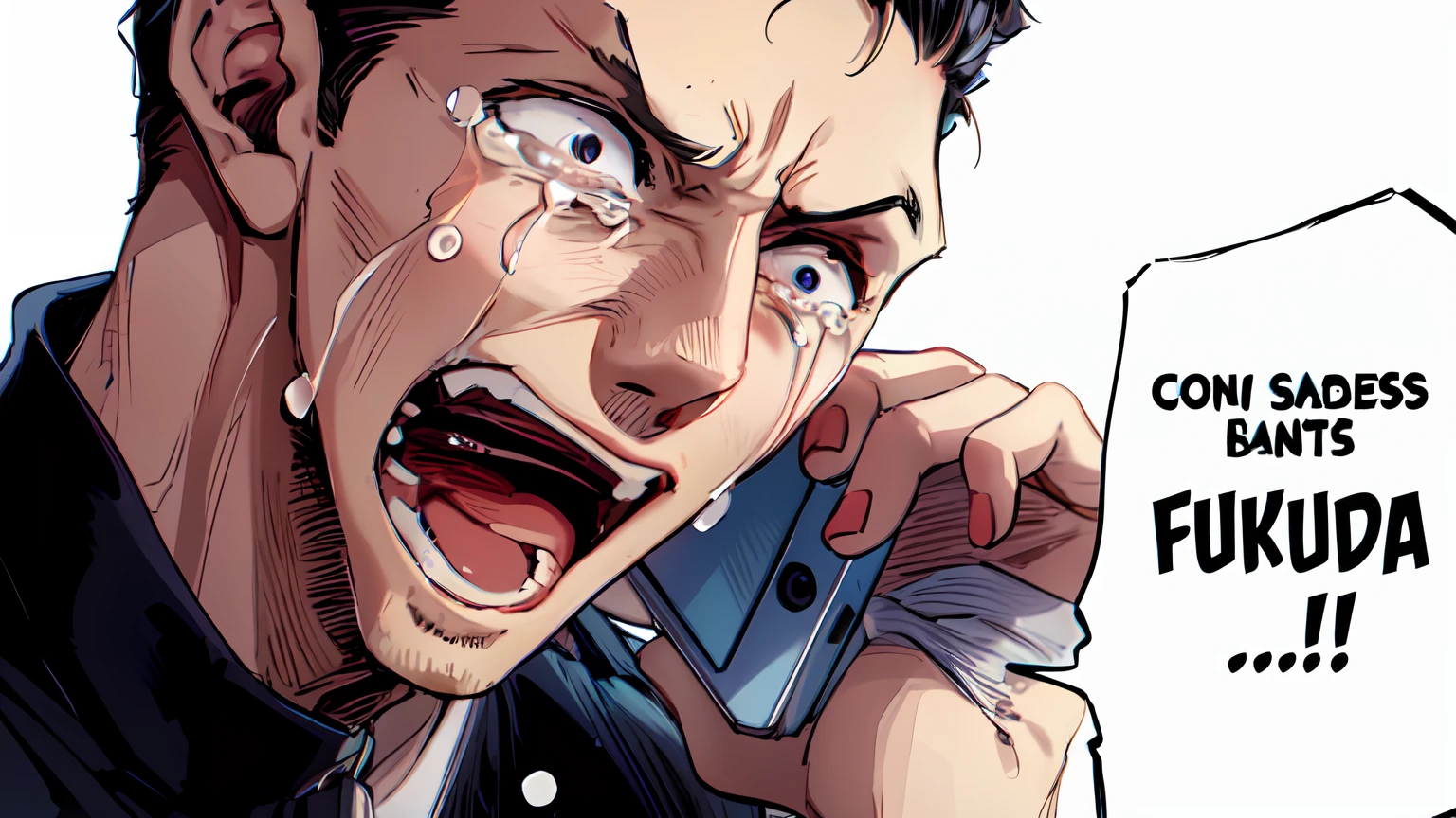 a anime of a man, text bubble speech, fukuda text, call up, call, call hpone, close up, phone, open mouth, sad, cry, crying, jacket, black hair, Slick Back hair, color manga, manga color, color manga, color manga panel, simple background, a white background
