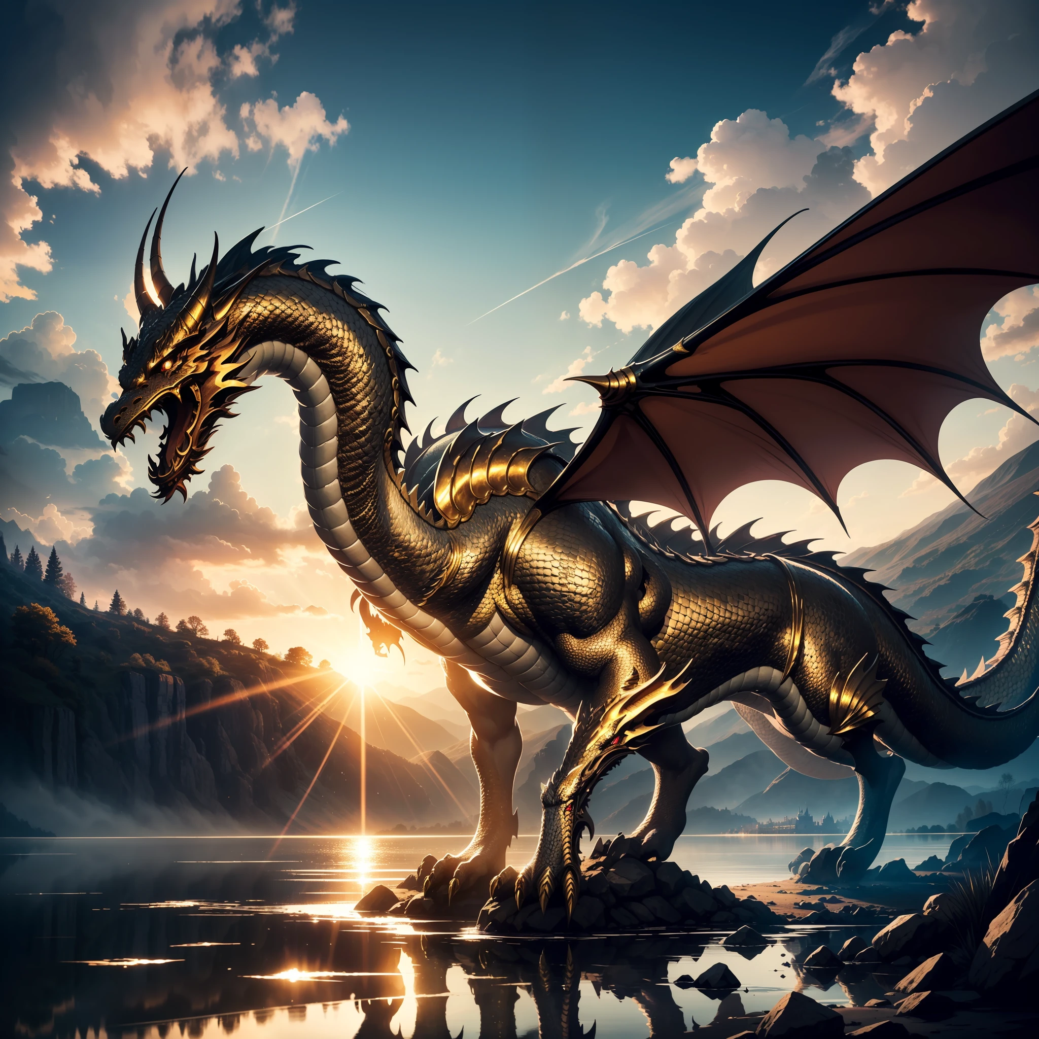 golden dragon, old, (intense details, dnd art, masterpiece), intense blue eyes, small horns, standing near a fantasy castle and lake, backlight, clouds, in the background, serious, realism, high detail, depth of field, cinematic lighting, reflection light, drop shadow, atmospheric perspective, Op art, UHD, masterpiece, high quality, high detail