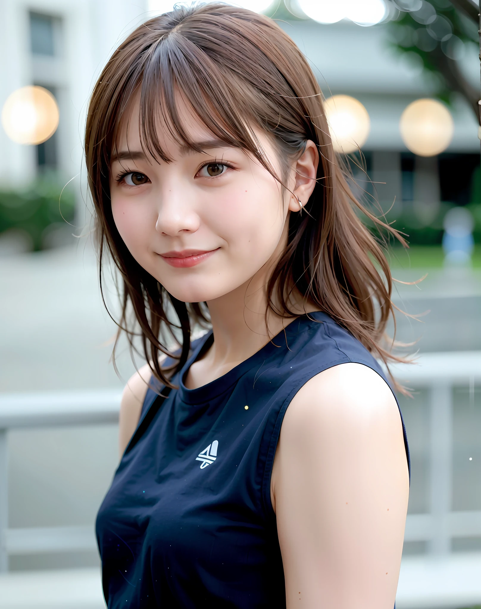 Top Quality, Photorealistic, 8k, High Resolution, Girl, Woman, (Skin Dent), (Professional Lighting, Bokeh), (Street), (People, Crowd: 0.6), Back View, City, Black Hair, Black T-Shirt, (Portrait: 0.6), Gorgeous, Bloom, (Floating), (Light Particles, Lens Flare, Luminous Particles: 0.6), Soft Lighting, Smile, Fun