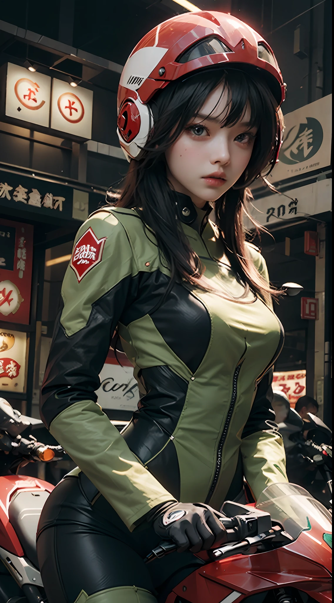 Best image quality, outstanding detail, ultra-high resolution, (realism: 1.4), best illustration, prefer details, highly condensed 1girl, delicate and beautiful face, dressed in black and green mecha, wearing a mecha helmet, holding a direction controller, riding a red motorcycle, the background is a high-tech lighting scene in Dotonbori, Osaka. dynamism, red helmet,