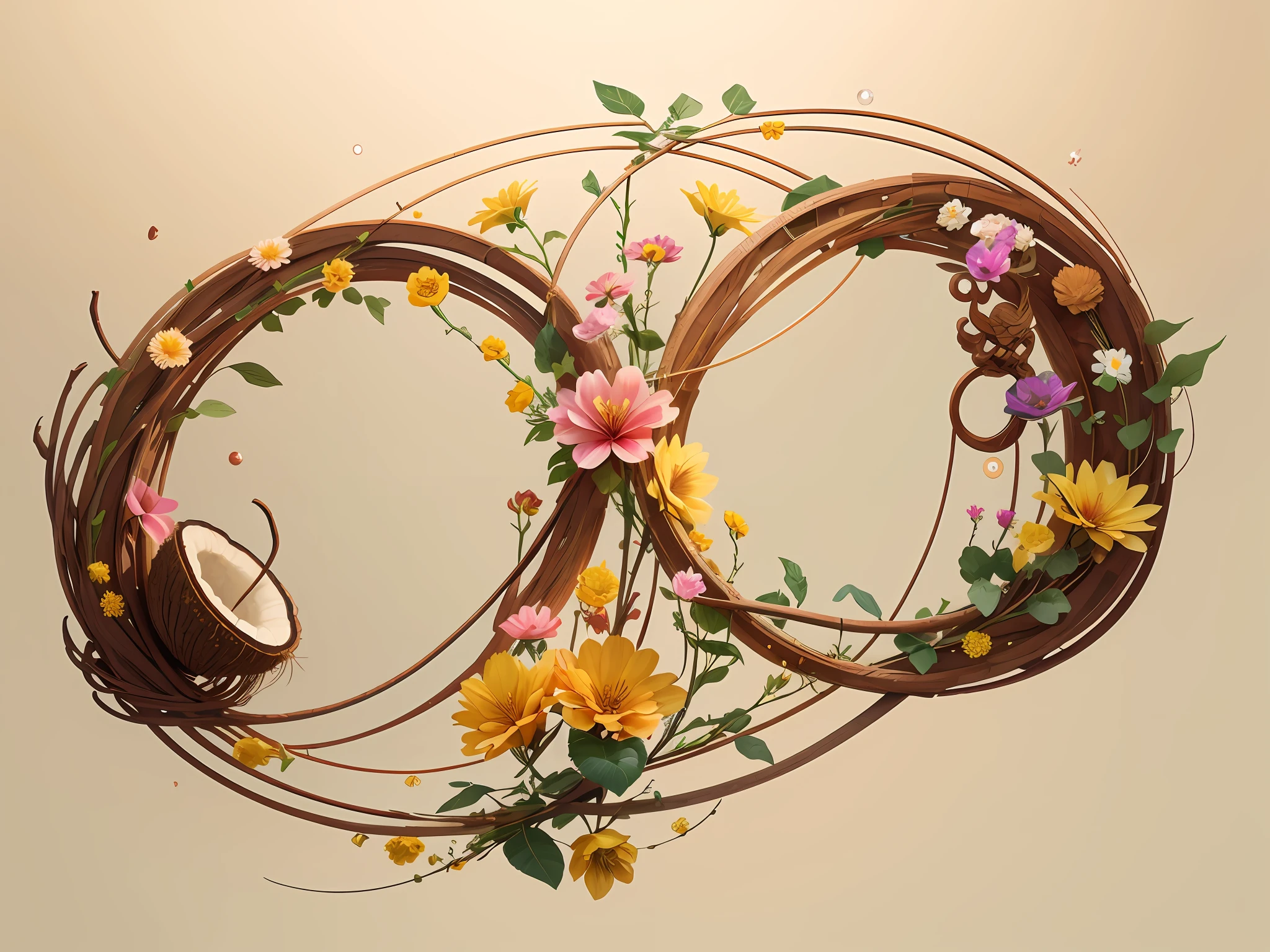 (Illustration: 1.3) Infinity symbol, full of flowers and fruits, infinity symbol containing coconut, rose, fig, chrysanthemum, hibiscus, splashing water, crystal clear, rock color: 1.1, dreamy, sparkle effect: 1.1, extremely detailed: 1.2, masterpiece: 1.2, best quality: 1.2, high resolution: 1.1), very textured, flowers surround the infinity symbol, Full of artistic sense, Ni Chuanjing's style feeling, (artist Anna Dittman:1), (((masterpiece))), ((best quality))), ((ultra-detailed)), (detail light), (extremely delicate and beautiful)),