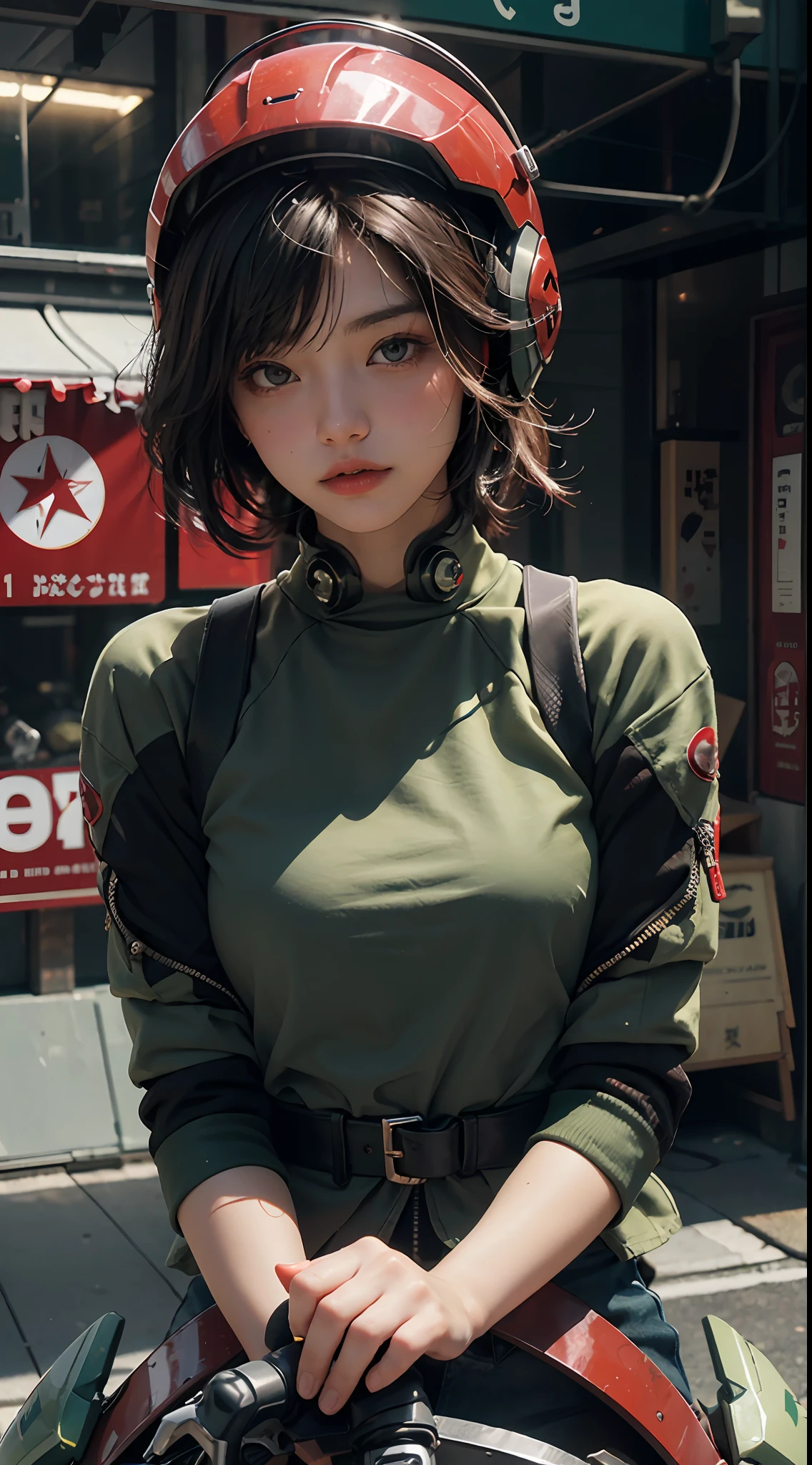 Best image quality, outstanding detail, ultra-high resolution, (realism: 1.4), best illustration, prefer details, highly condensed 1girl, delicate and beautiful face, dressed in black and green mecha, wearing a mecha helmet, holding a direction controller, riding a red motorcycle, the background is a high-tech lighting scene in Dotonbori, Osaka. dynamism, red helmet,