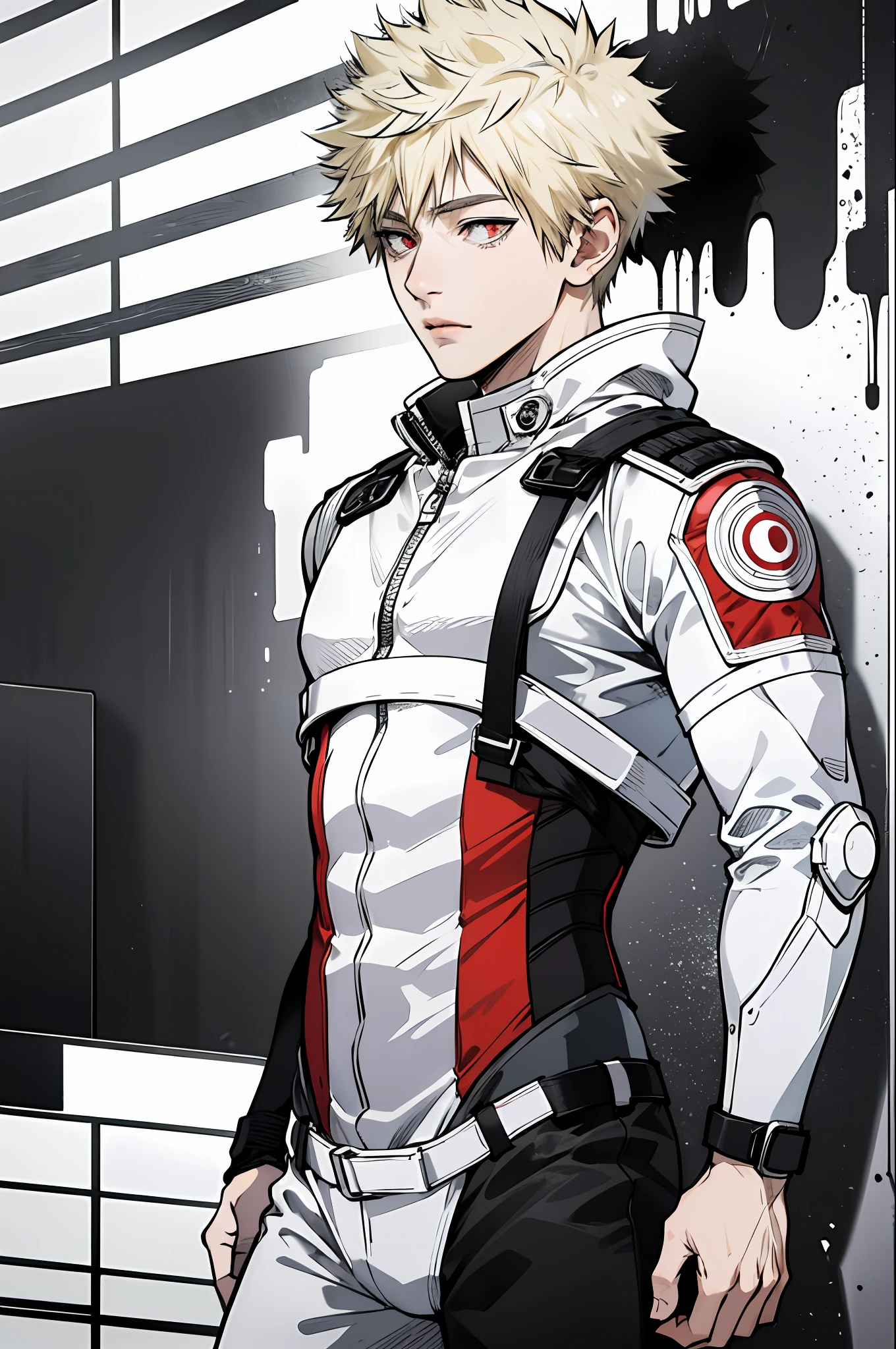 masterpiece, best quality, one man, Katsuki Bakugou,bodysuit,blonde, red eyes, street, monochrome, line art