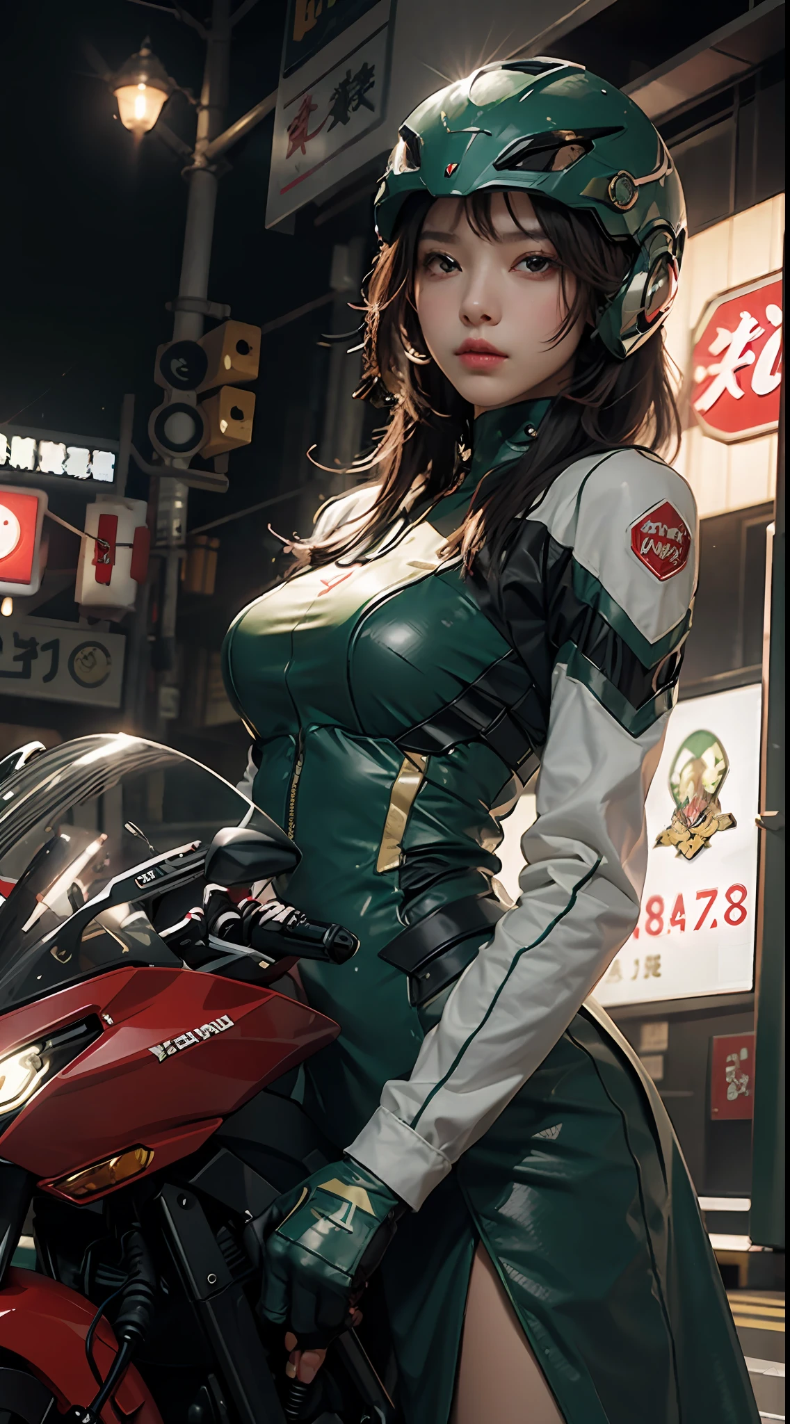 Best image quality, outstanding detail, ultra-high resolution, (realism: 1.4), best illustration, prefer details, highly condensed 1girl, delicate and beautiful face, dressed in black and green mecha, wearing a mecha helmet, holding a direction controller, riding a red motorcycle, the background is a high-tech lighting scene in Dotonbori, Osaka. dynamism, red helmet,