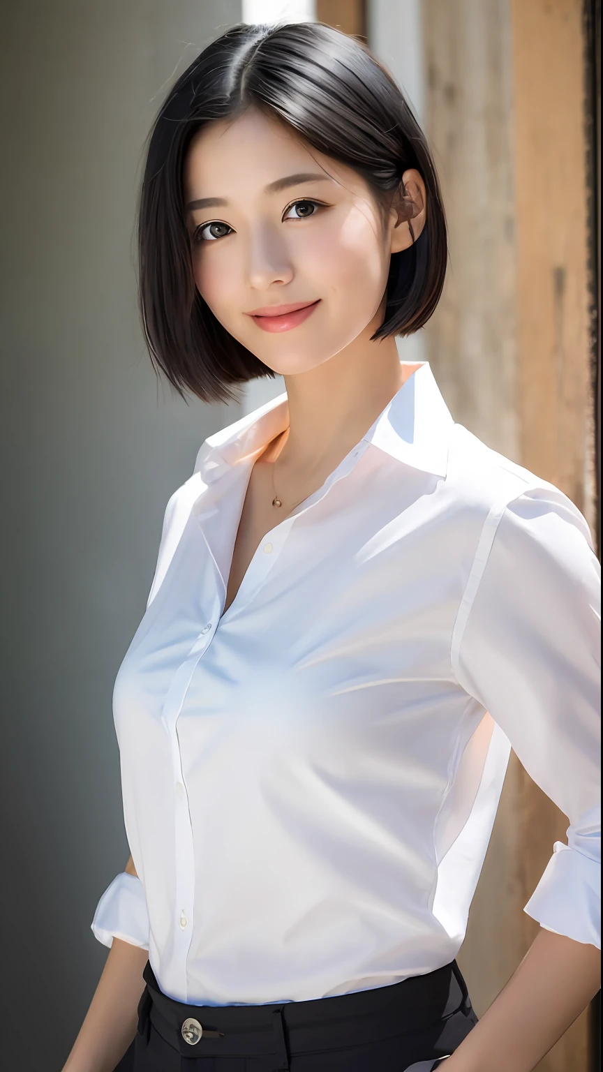 (masterpiece:1.3), (8k, photorealistic, RAW photo, best quality: 1.4), japanese, (1girl), beautiful face, (realistic face), (black hair, short hair:1.3), beautiful hairstyle, realistic eyes, beautiful detailed eyes, (realistic skin), beautiful skin, attractive, ultra high res, ultra realistic, highly detailed, golden ratio,  detaled face,looking at viewer,smile,open white shirt,medium breasts,standing,hand on hip