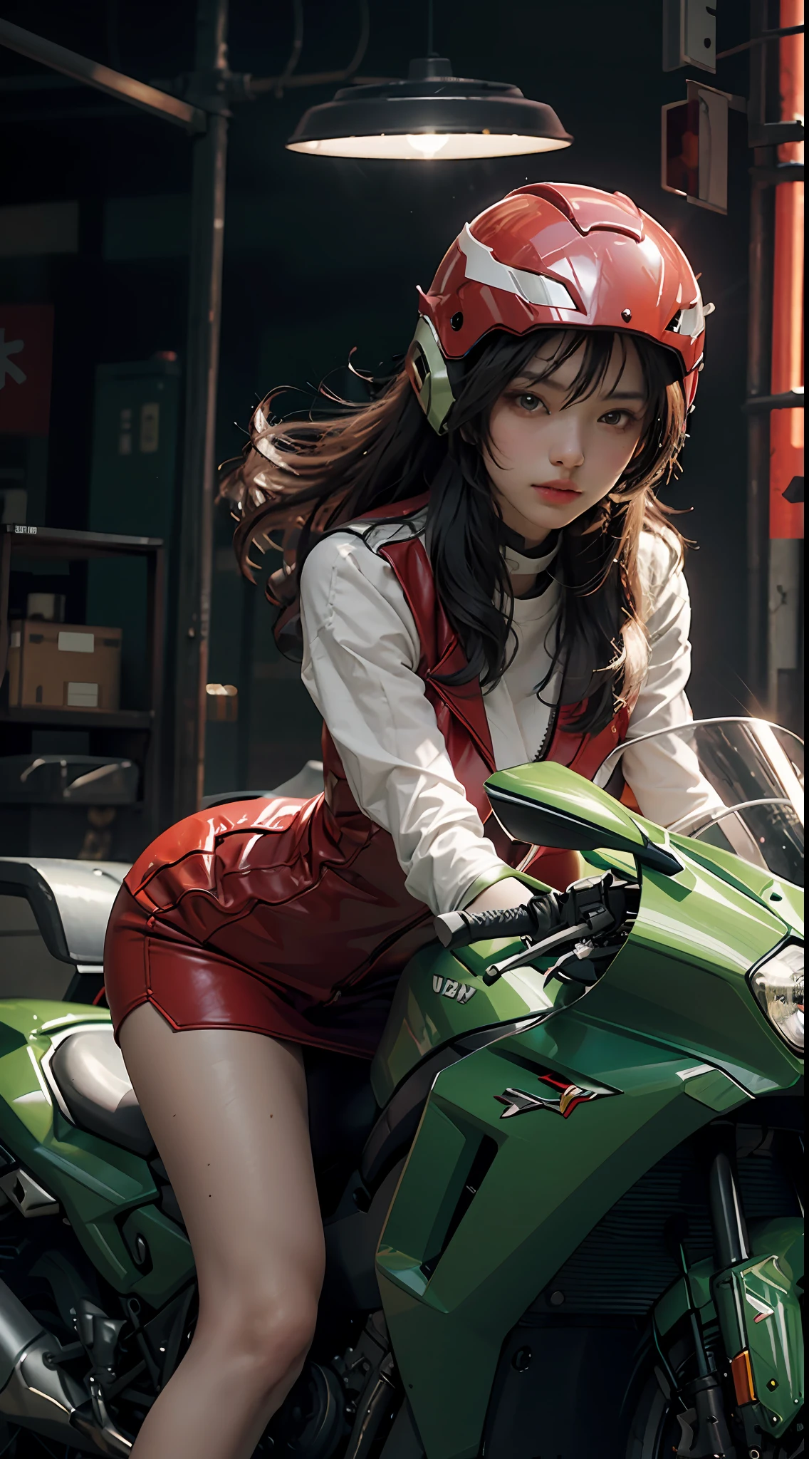 Best image quality, outstanding detail, ultra-high resolution, (realism: 1.4), best illustration, prefer details, highly condensed 1girl, delicate and beautiful face, dressed in black and green mecha, wearing a mecha helmet, holding a direction controller, riding a red motorcycle, the background is a high-tech lighting scene in Tokyo. dynamism, red helmet,