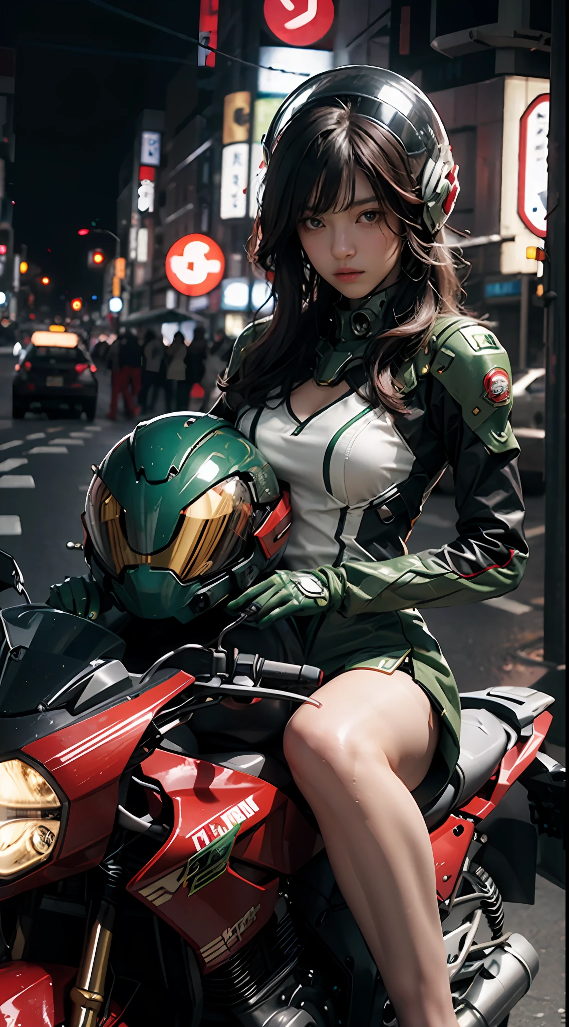 Best image quality, outstanding detail, ultra-high resolution, (realism: 1.4), best illustration, prefer details, highly condensed 1girl, delicate and beautiful face, dressed in black and green mecha, wearing a mecha helmet, holding a direction controller, riding a red motorcycle, the background is a high-tech lighting scene in Tokyo. dynamism, red helmet,
