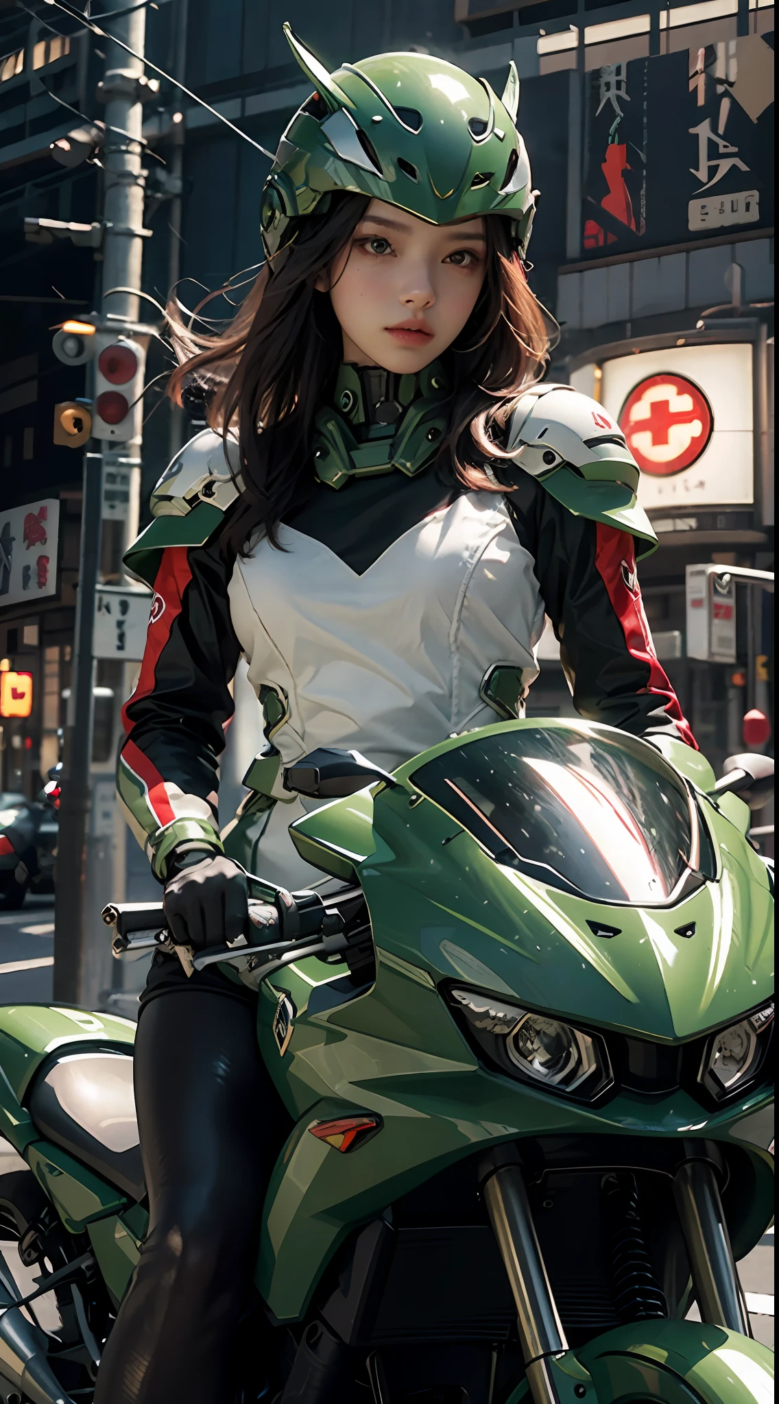 Best image quality, outstanding detail, ultra-high resolution, (realism: 1.4), best illustration, prefer details, highly condensed 1girl, delicate and beautiful face, dressed in black and green mecha, wearing a mecha helmet, holding a direction controller, riding a red motorcycle, the background is a high-tech lighting scene in Tokyo. dynamism, red helmet,