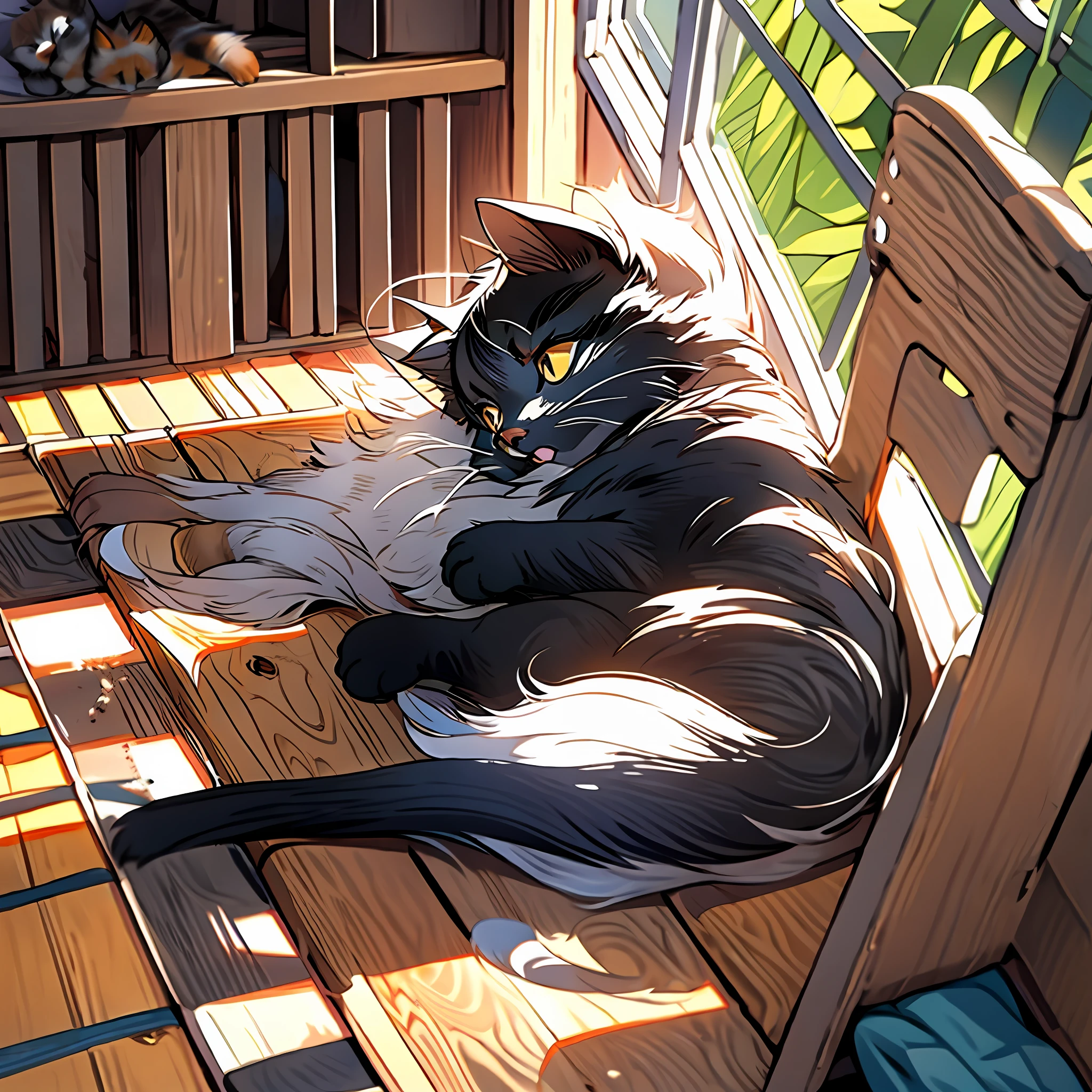 A tanuki cat, lying on a folding chair in front of a floor-to-ceiling window, warm afternoon sun