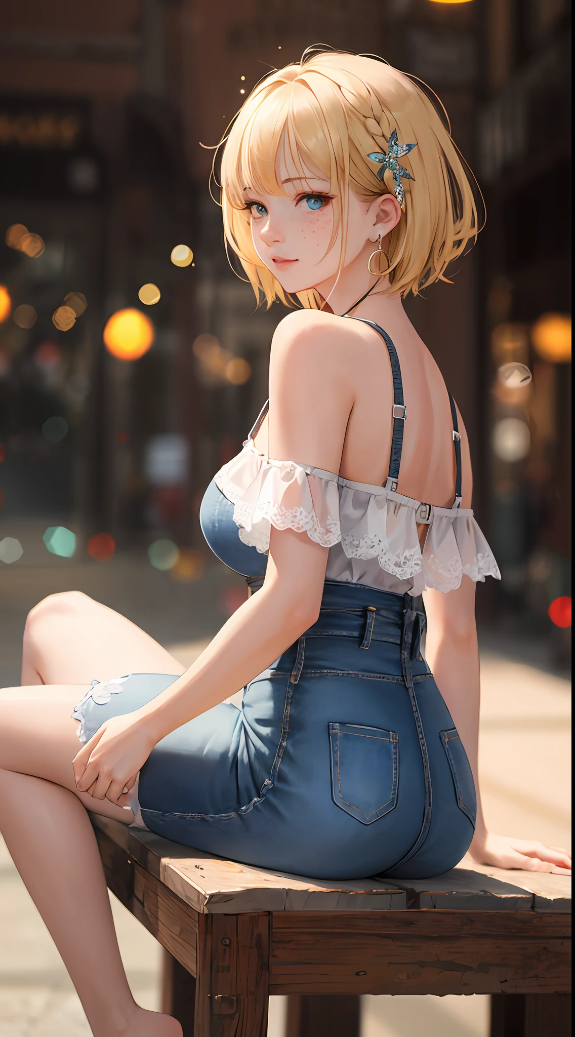 Realistic, Top Quality, 8K UHD, DSLR, Soft Lighting, High Quality, Film Grain, Fujifilm XT3, Intricate Details, Depth of Field, 20-year old girl, Seated, (Lens flare, Backlight:1.2), (Blonde, Short hair), Earrings, Hair ornament, Off shoulder, Little freckles, Look at viewer, Flash, ((Short hair)), Nice hairstyle, Very short, bouncy breasts