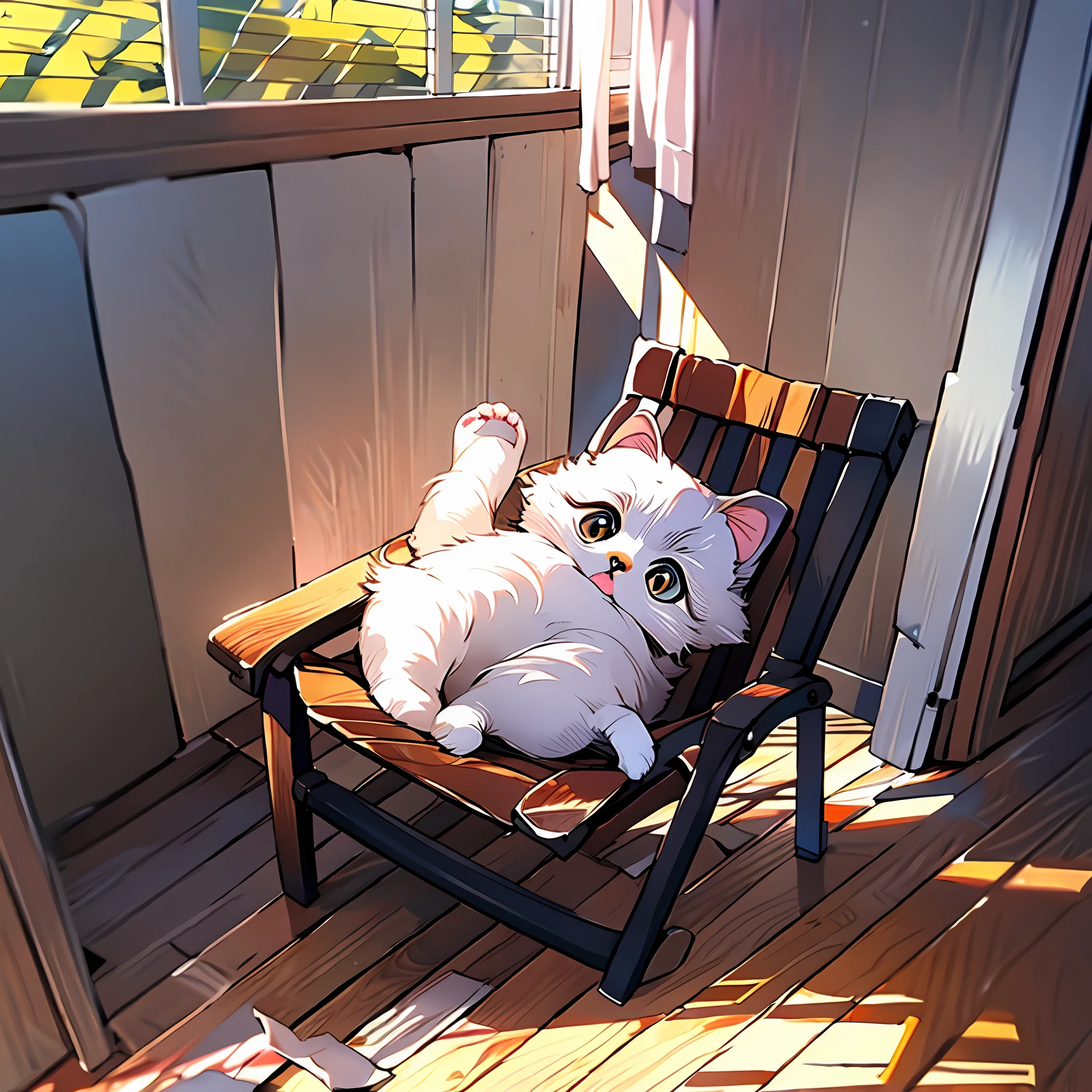 A tanuki cat, lying on a folding chair in front of a floor-to-ceiling window, warm afternoon sun