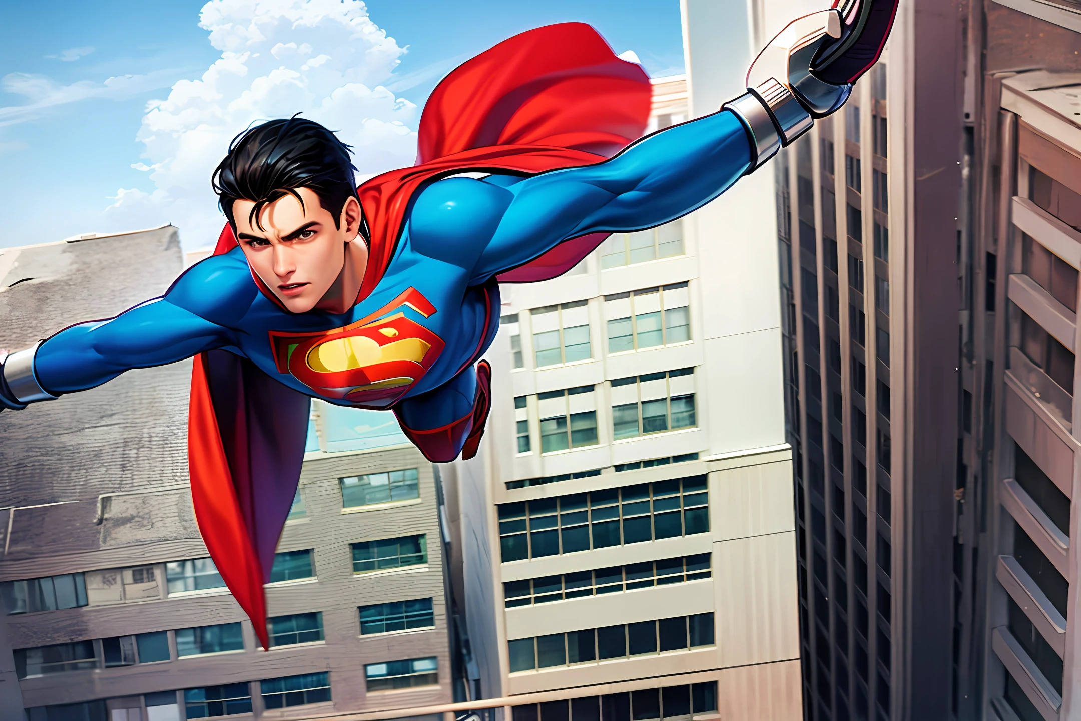 Super man flying in the sky, using x-ray on the building