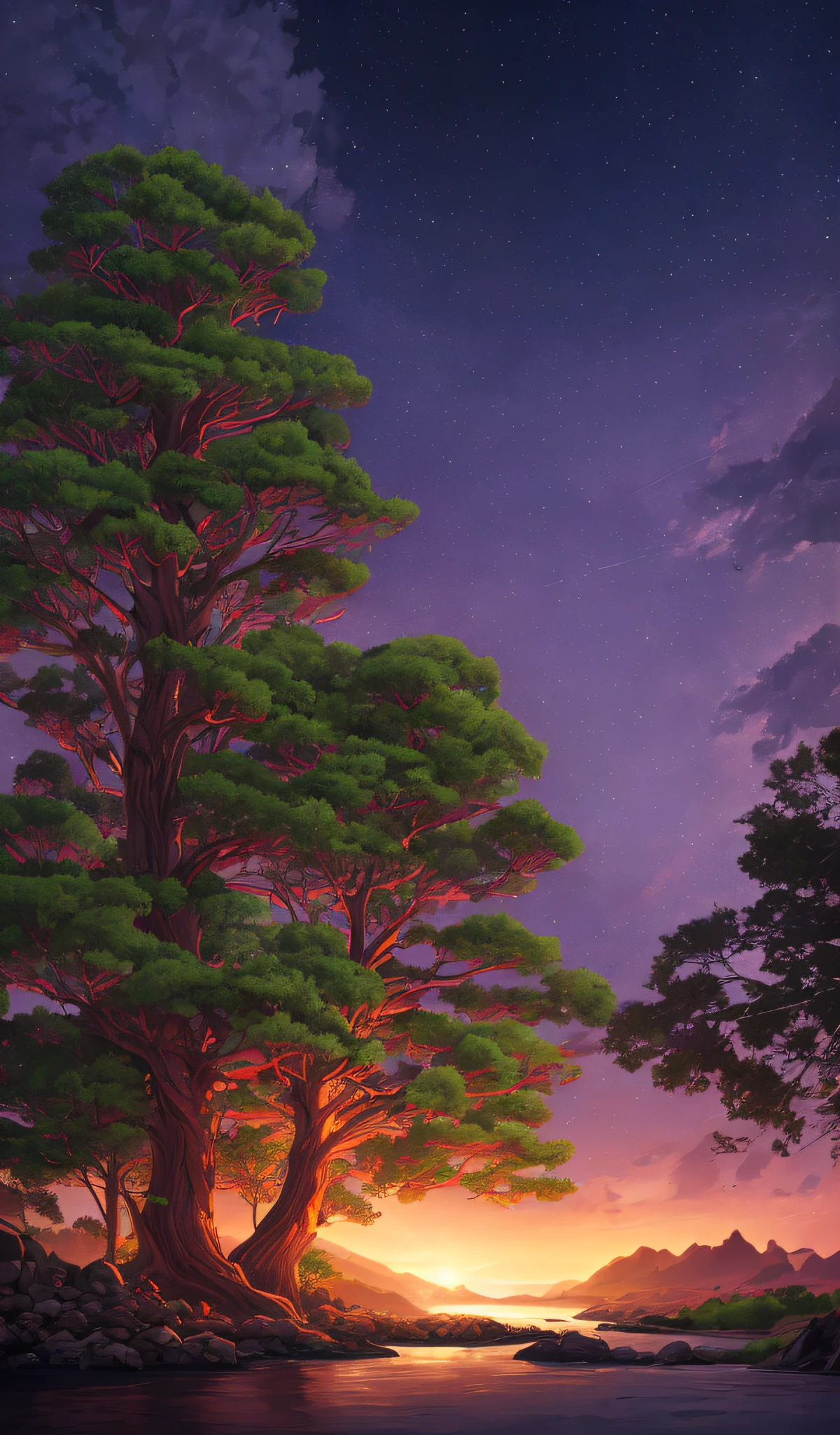 Full body of a tree, giant, very detailed and magical lighting, forest, vegetation and river around, landscape, dark night, fireflies, rocky mountains, night with moonlight, rays of lights and shadows, digital art --auto