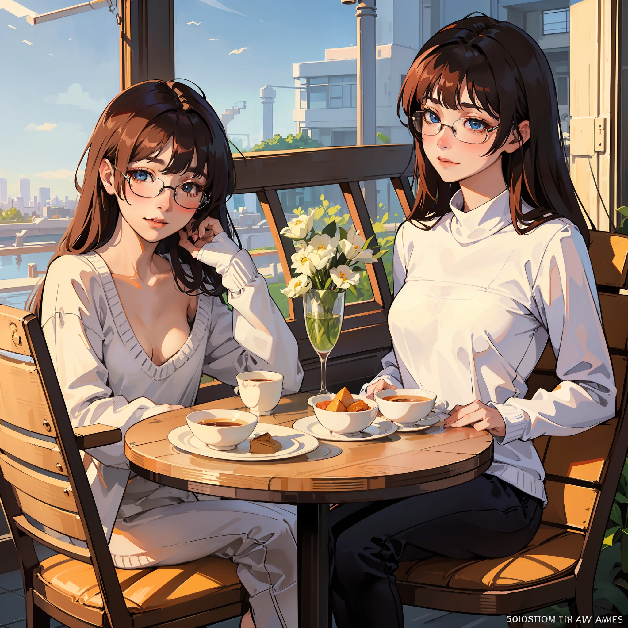 NSFW, (8k, best quality, masterpiece:1.2), (realistic, photo-realistic:1.37), ultra-detailed, ((1 girl)), looking at view,nerdy,(aesthetically thin framed glasses:1.2), cute, beautiful detailed sky, detailed cafe, night, sitting, dating,(nose blush), sitting before a table, table with afternoon tea, (smile:1.15),(closed mouth) (petite:1.3,small breasts:1.4),(large thighs:1.2, large rear:0.8),beautiful detailed eyes,(oversized sweater:1.1), daytime, sunshine, cozy and comfortable attire, rain,white lace, (long hair:1.4),light brown hair NovaFrogStyle, casual, white skin,cinematic light,sunshine,street light, (av actress: 4), full body image,(tea table:1),(hand bag:1), ulzzang-6500-v1.1:0.3, karinak-4501-6300:1.2, (anime realistic:1.5), soft and warm lighting, less saturated colors