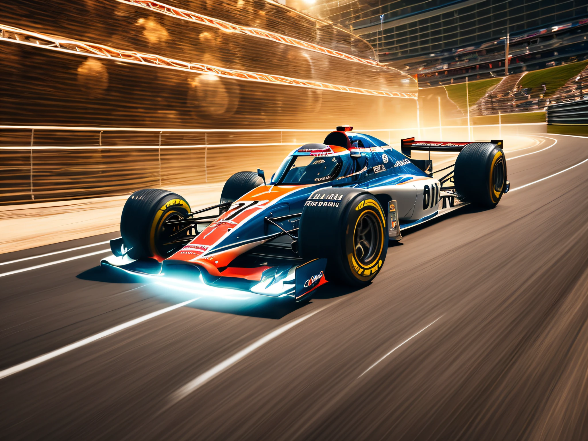 best quality, master piece,Race car, race track, speed, streamlined, winding, ups and downs, perspective, variations in thickness, flow lines, light and shadow, sense of motion, visual focus, outline, minimalism, geometric shapes, imagination,superspeed,lighting, motion blur, electricity,audience,cheer