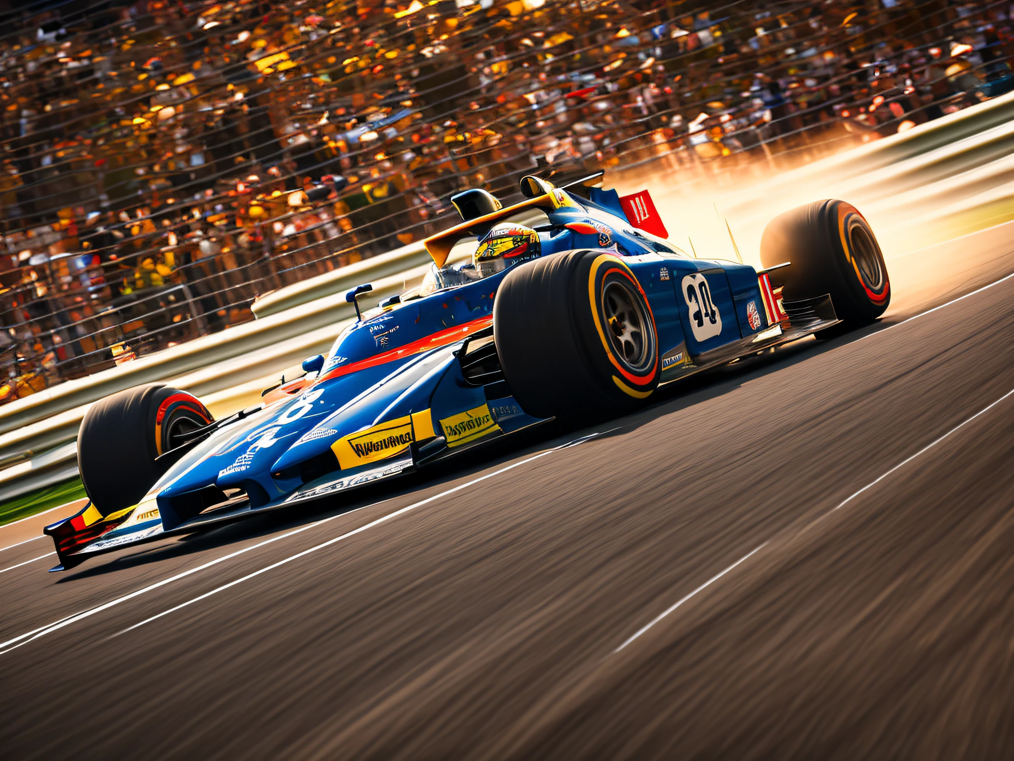 best quality, master piece,Race car, race track, speed, streamlined, winding, ups and downs, perspective, variations in thickness, flow lines, light and shadow, sense of motion, visual focus, outline, minimalism, geometric shapes, imagination,superspeed,lighting, motion blur, electricity,audience,cheer