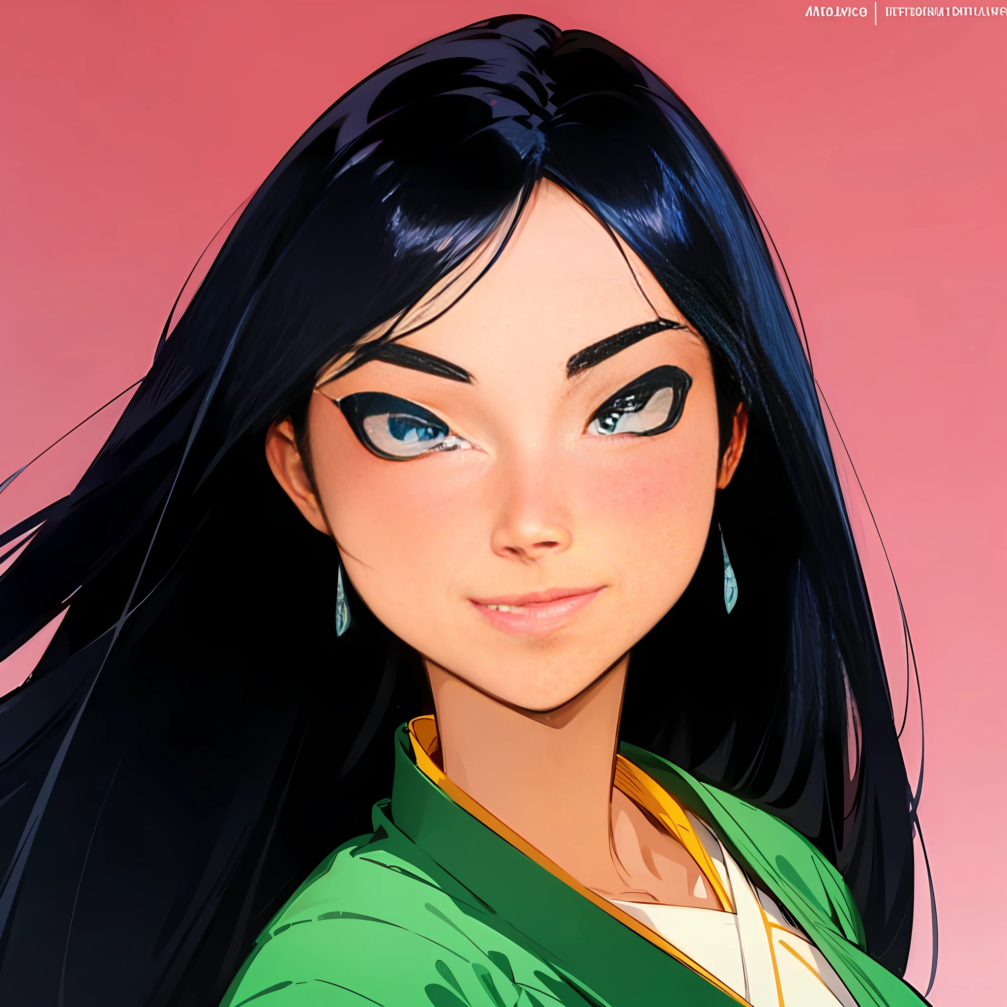 An anime-style cartoon image of a woman with long black hair, portrait of Mulan, Disney artist, by Disney, Chinese princess, half Asian, long chin, at Disney --auto