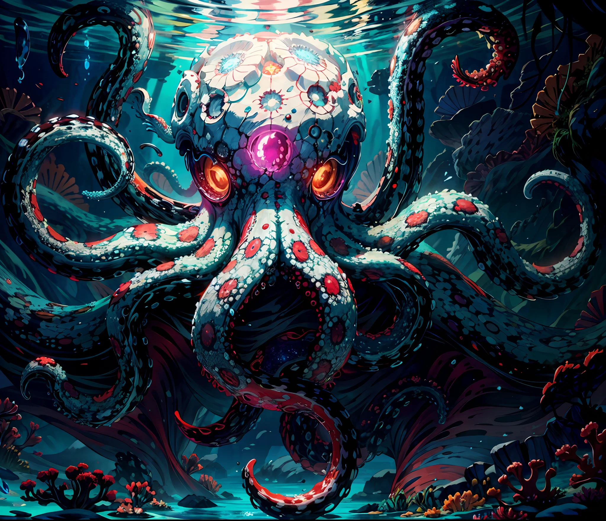 close shot  of a mythical colorful octopus, big tentacles, shiny multicolored skin, detailed tentacles, detailed skin, the octopus is swimming under the sea, looking at viewer with the glowing eyes, blue and red and white glowing part on the skin, crystal, coral ,clear water,focus, alien underwater landscape background .BREAK,Detailed,Realistic,4k highly detailed digital art,octane render, bioluminescent, BREAK 8K resolution concept art, realism,by Mappa studios,masterpiece,best quality,official art,illustration,ligne claire,(cool_color),perfect composition,absurdres, fantasy,focused,rule of thirds,