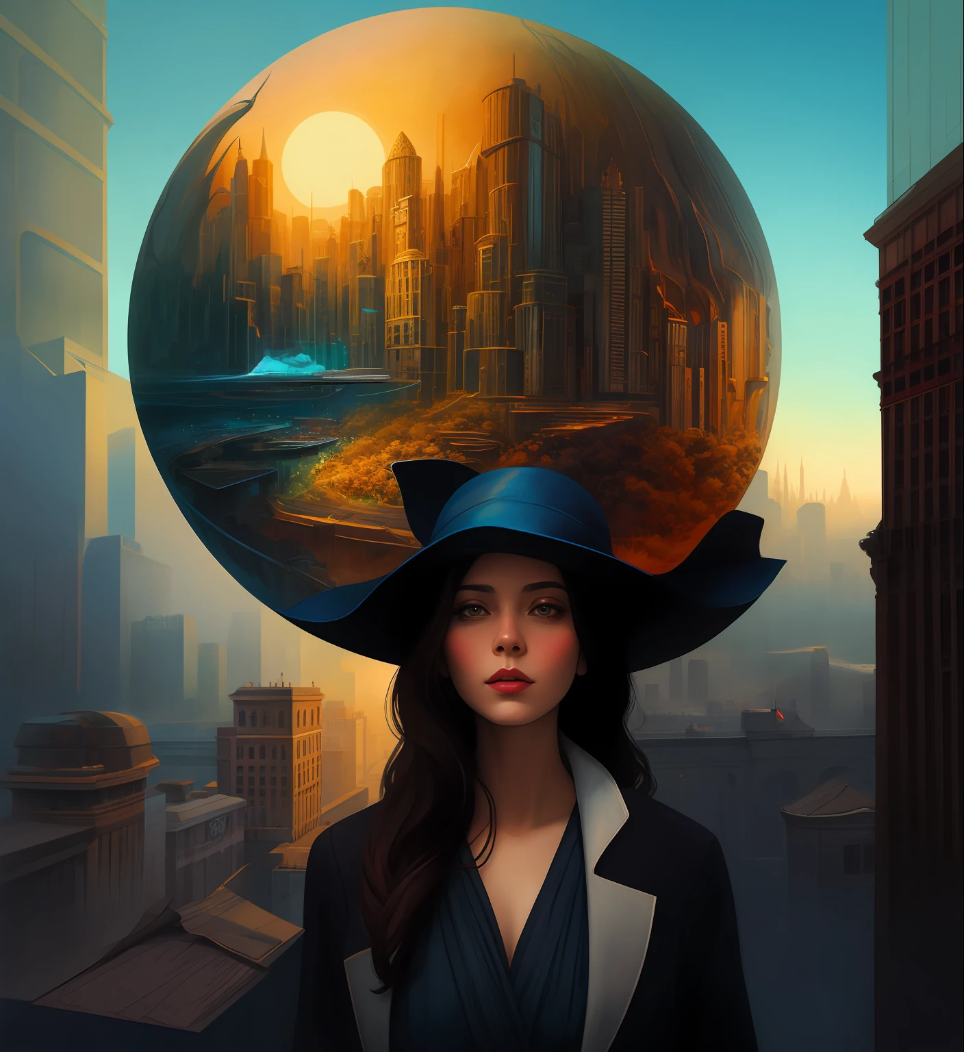 painting of a woman with a city in the background, a beautiful artwork illustration, art of alessandro pautasso, matte painting of human mind, surreal illustration, enviromental portrait, artistic illustration, stunning digital illustration, surreal painting, exquisite digital illustration, painterly illustration, surreal concept art, elaborate digital art, surreal digital art, watercolor illustration style, beautiful digital artwork