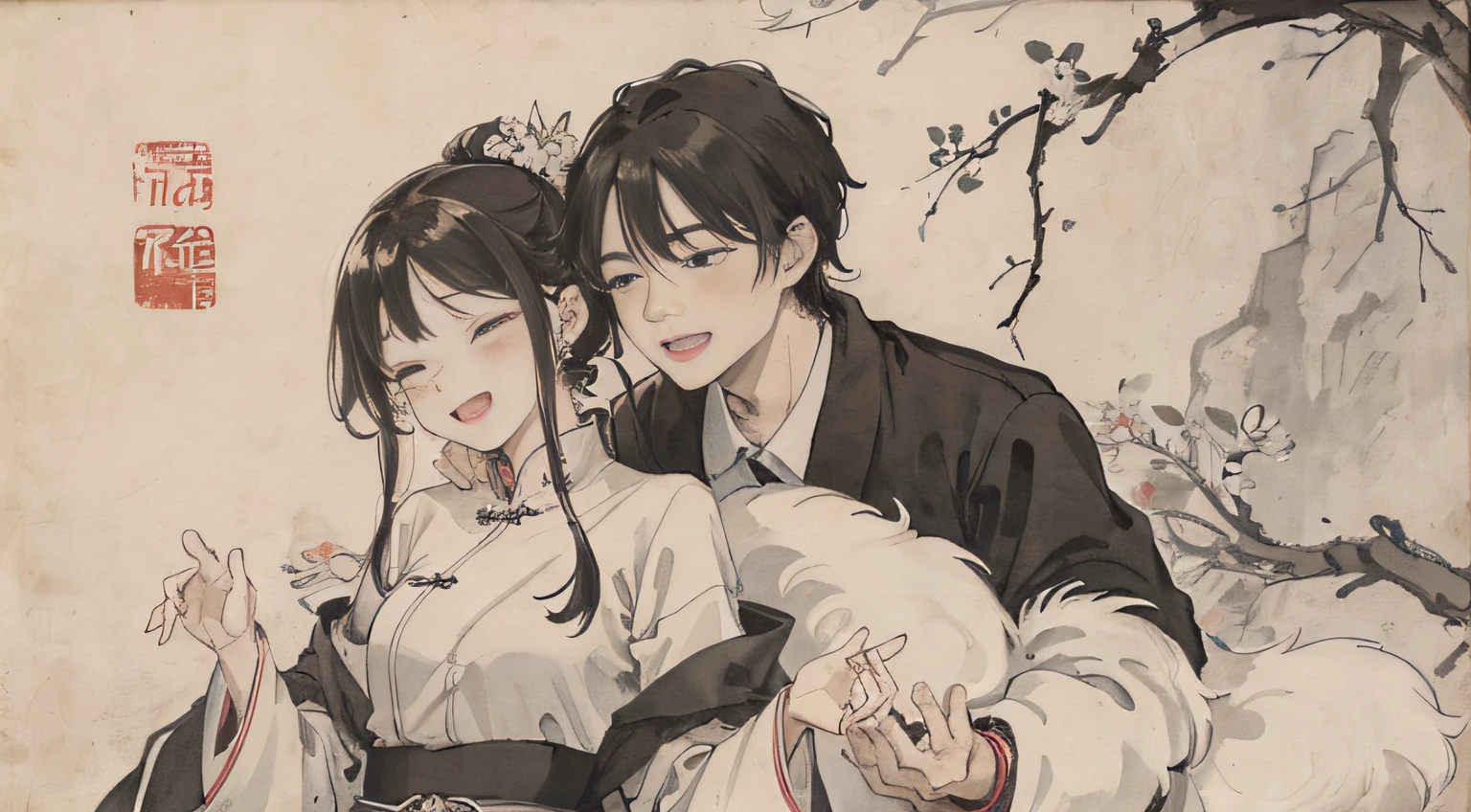 (Masterpiece, best quality: 16.9), traditional Chinese ink painting, couples live happily together