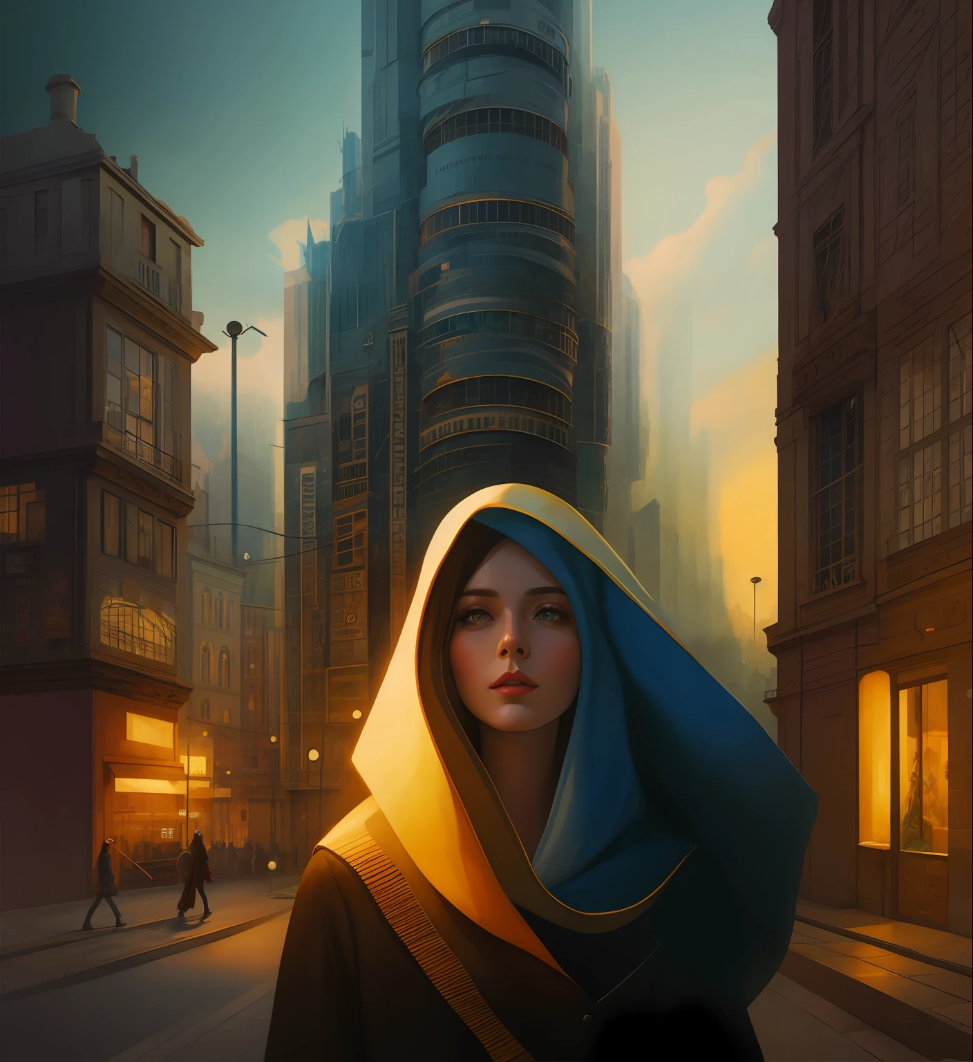 painting of a woman with a city in the background, a beautiful artwork illustration, art of alessandro pautasso, matte painting of human mind, surreal illustration, enviromental portrait, artistic illustration, stunning digital illustration, surreal painting, exquisite digital illustration, painterly illustration, surreal concept art, elaborate digital art, surreal digital art, watercolor illustration style, beautiful digital artwork