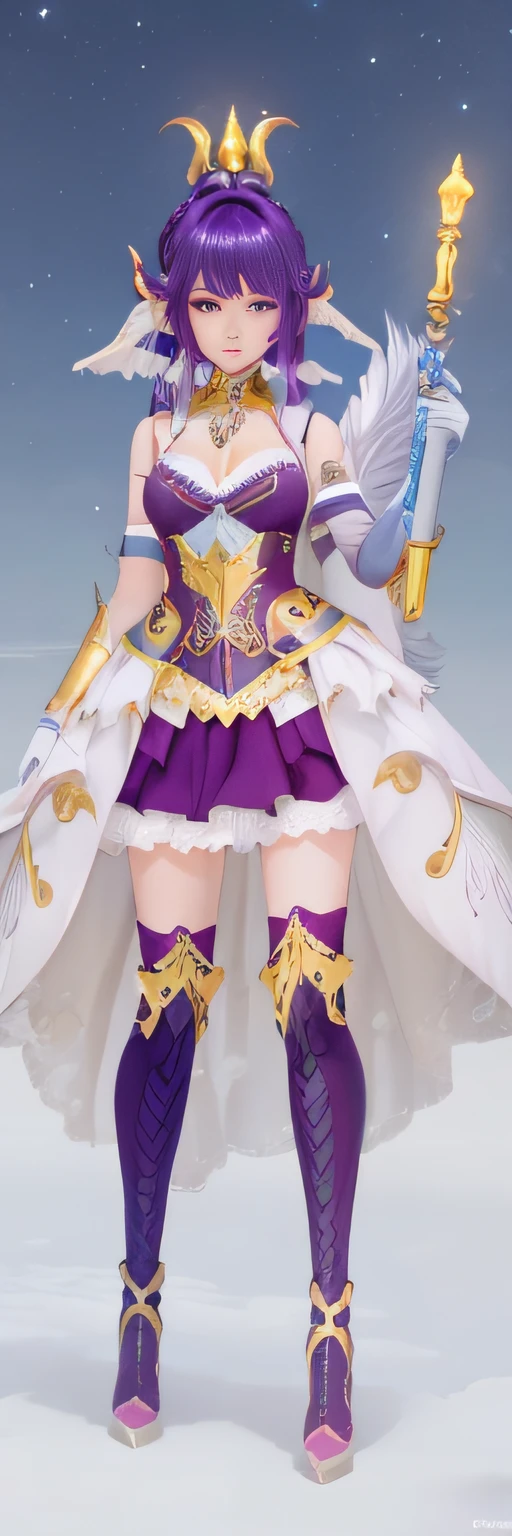 Anime character with horns and a heavy cybe parapet in the colors white dark pink standing in front of a full moon, moon clothes, fantasy outfit, in-game render, astral witch clothes, highly detailed full body, anime very detailed, clear outfit design, hair color white dark pink, 8k octae render photo, beautiful celestial demonin with large black cyborg wings on both sides