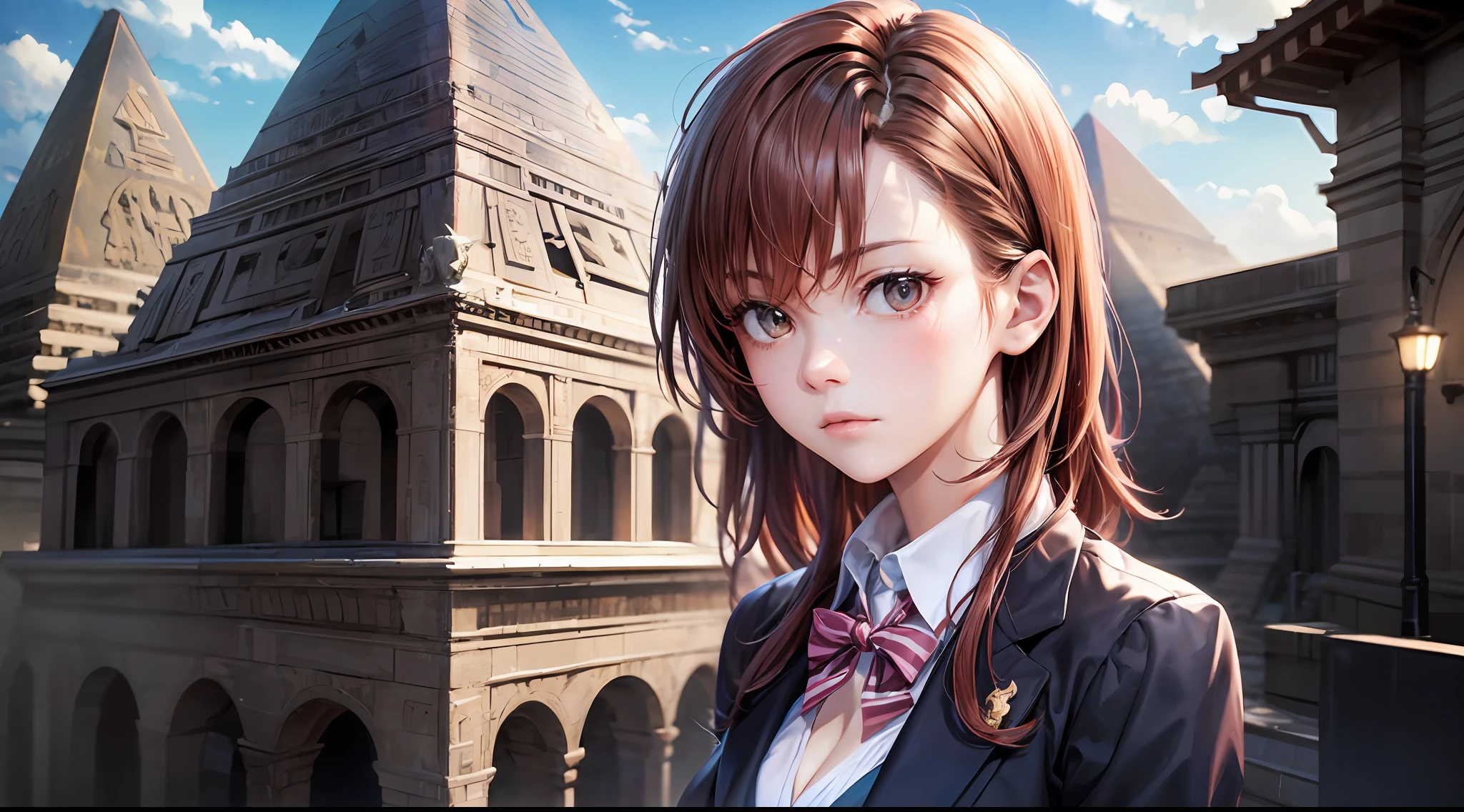 (A Certain Science Railgun, Misaka Mikoto), brown skin, school uniform, (pink medium hair), young, cute, beautiful girl, perfect style, big, emphasized cleavage, expressionless, realistic, realistic, 8k, very detailed, highest quality, best quality, super high definition, masterpiece, one girl, (background is Egyptian pyramids),