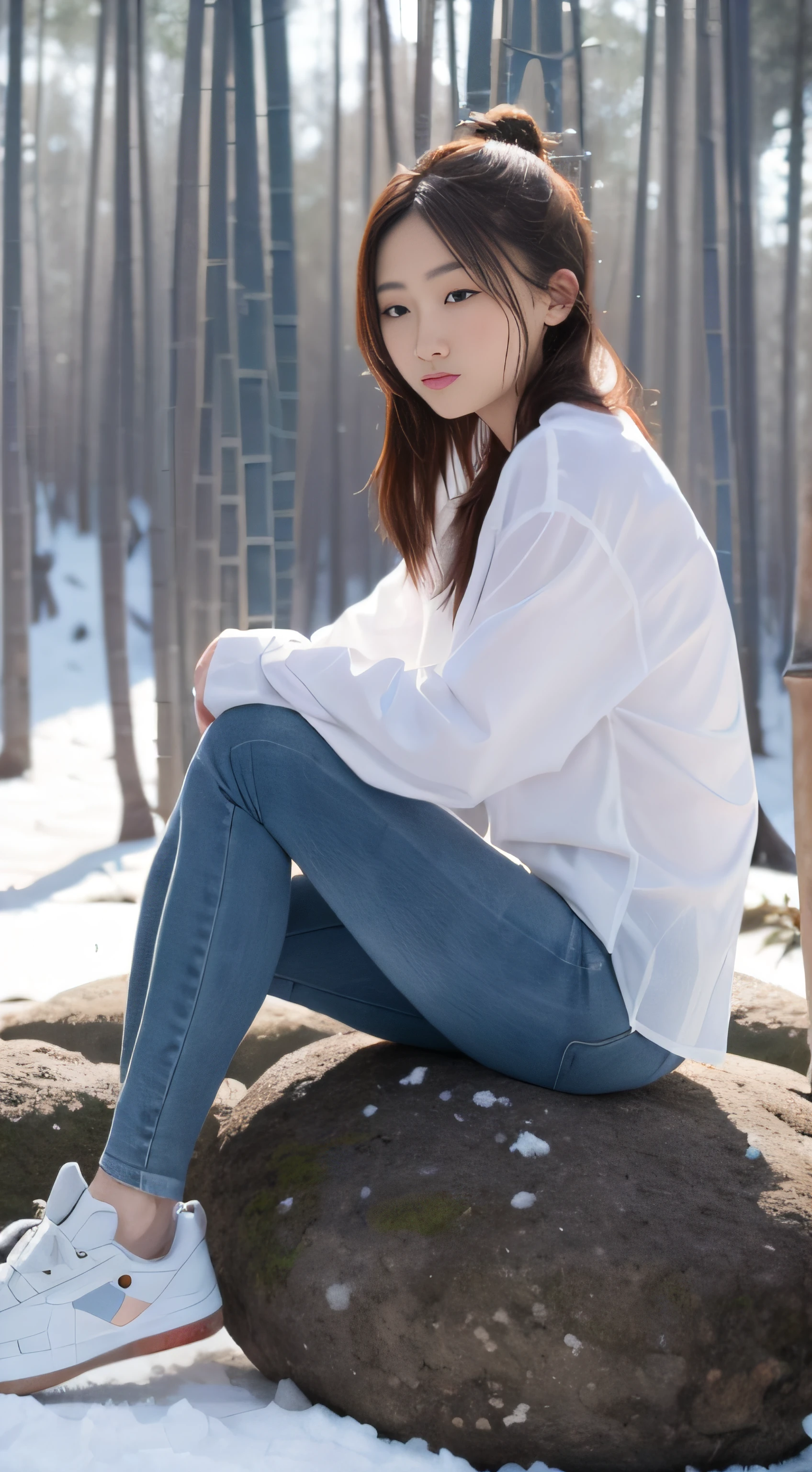 One was wearing a soaked white shirt, blue skinny jeans, sneakers, sitting on a large rock inside a bamboo forest in winter, surrounded by snow