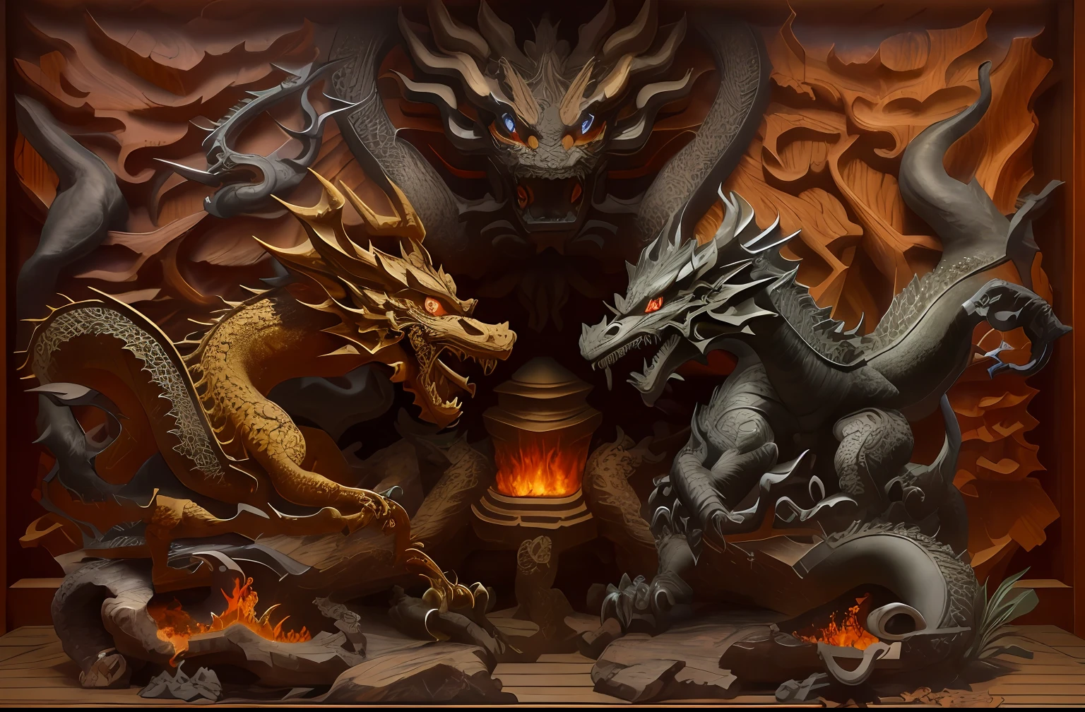 There is a wide variety of wood carving art on display, relief black wood, ancient Chinese gorgeous, Chinese dragon carving, intricate wood carving, highly detailed carving, complex carving, sculpture made of black wood, wood carving, Chinese silk 3d dragon, complex carving, detailed wood carving, Chinese dragon fighting, black dragon, complex wood carving