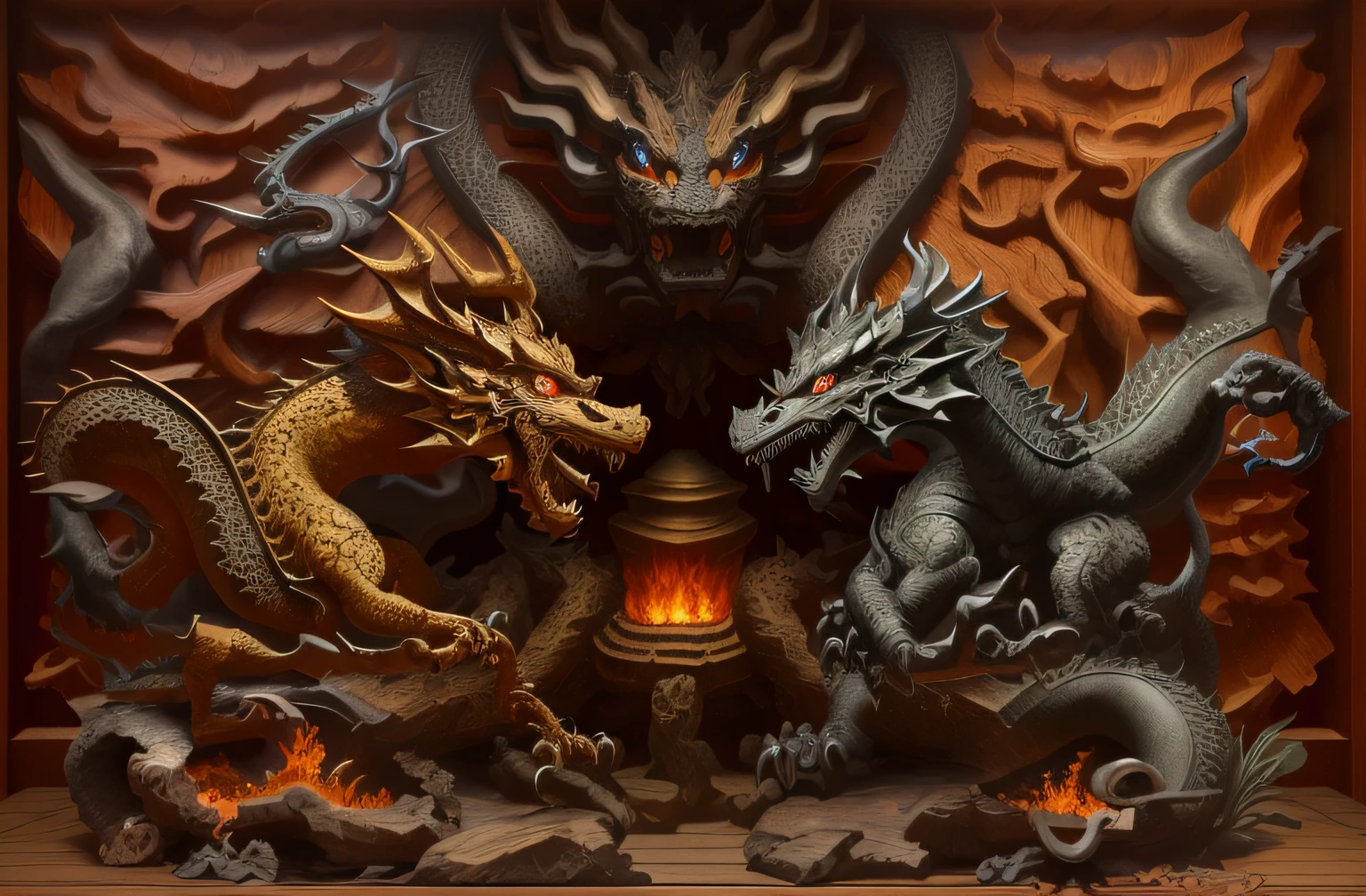 There is a wide variety of wood carving art on display, relief black wood, ancient Chinese gorgeous, Chinese dragon carving, intricate wood carving, highly detailed carving, complex carving, sculpture made of black wood, wood carving, Chinese silk 3d dragon, complex carving, detailed wood carving, Chinese dragon fighting, black dragon, complex wood carving