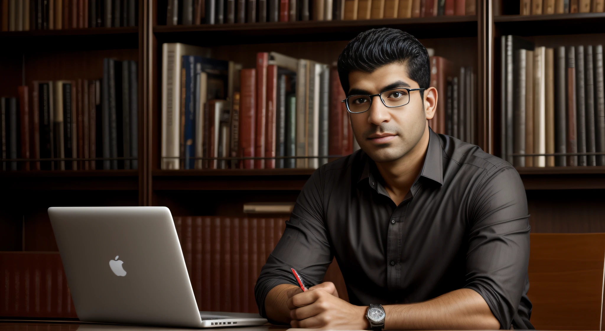 Arafed man in a black turtle-collared shirt standing in front of a bookshelf, art in the foreground: mid shot portrait, hq, photo of a handsome man, looking directly into the camera, man in his 35s, sitting in a chair behind his office desk, realistic and stubborn hands, on the table is an Apple-branded laptop, portrait image, by Etienne Delessert, sayem reza, inspired by Yousuf Karsh, cinematic portrait headshot